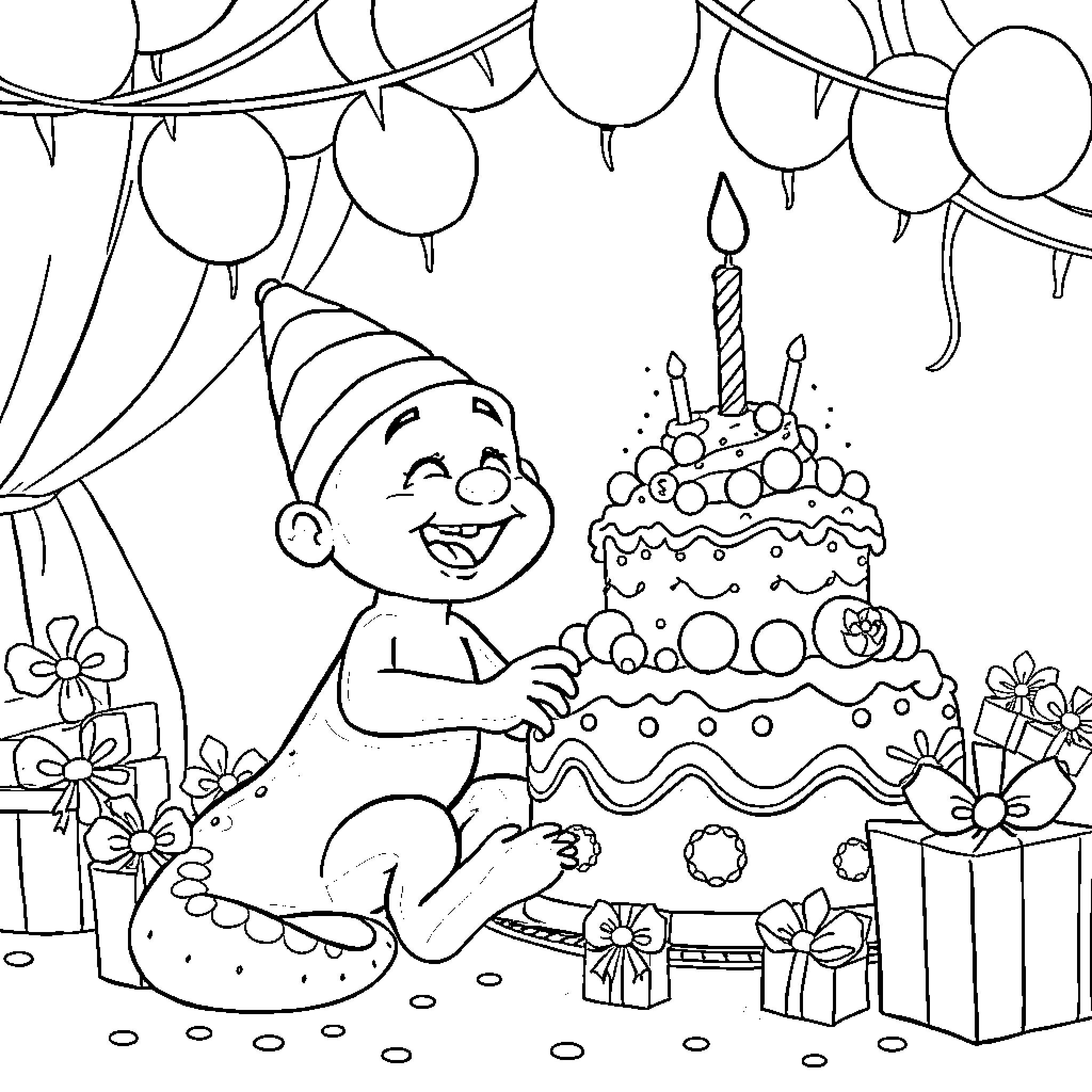 Bluey's Birthday Celebration with Cake and Presents Coloring Page (free black-and-white line drawing printable PDF for all, from beginners to advanced learners, including children, teens, adults, and seniors)