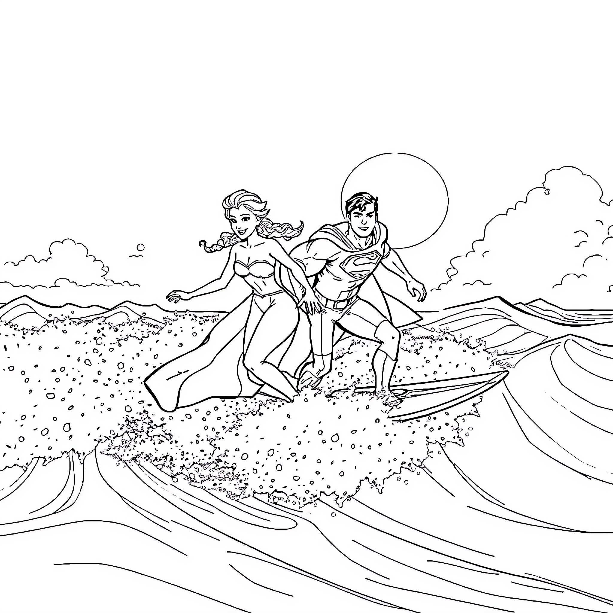 Elsa and a companion surfing in the ocean Coloring Page (free black-and-white line drawing printable PDF for all, from beginners to advanced learners, including children, teens, adults, and seniors)
