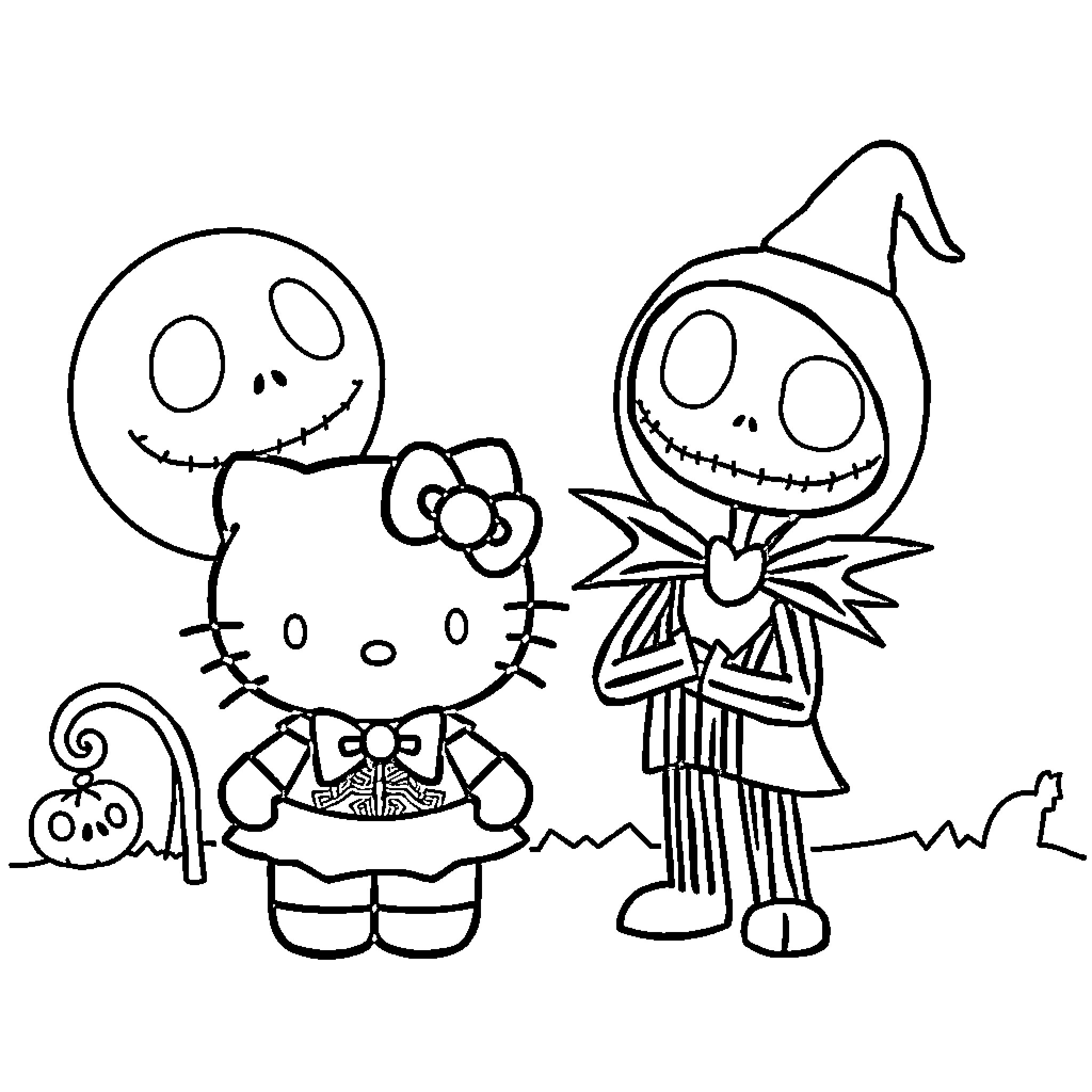 Hello Kitty's Spooky Costume Party Coloring Page (free black-and-white line drawing printable PDF for all, from beginners to advanced learners, including children, teens, adults, and seniors)