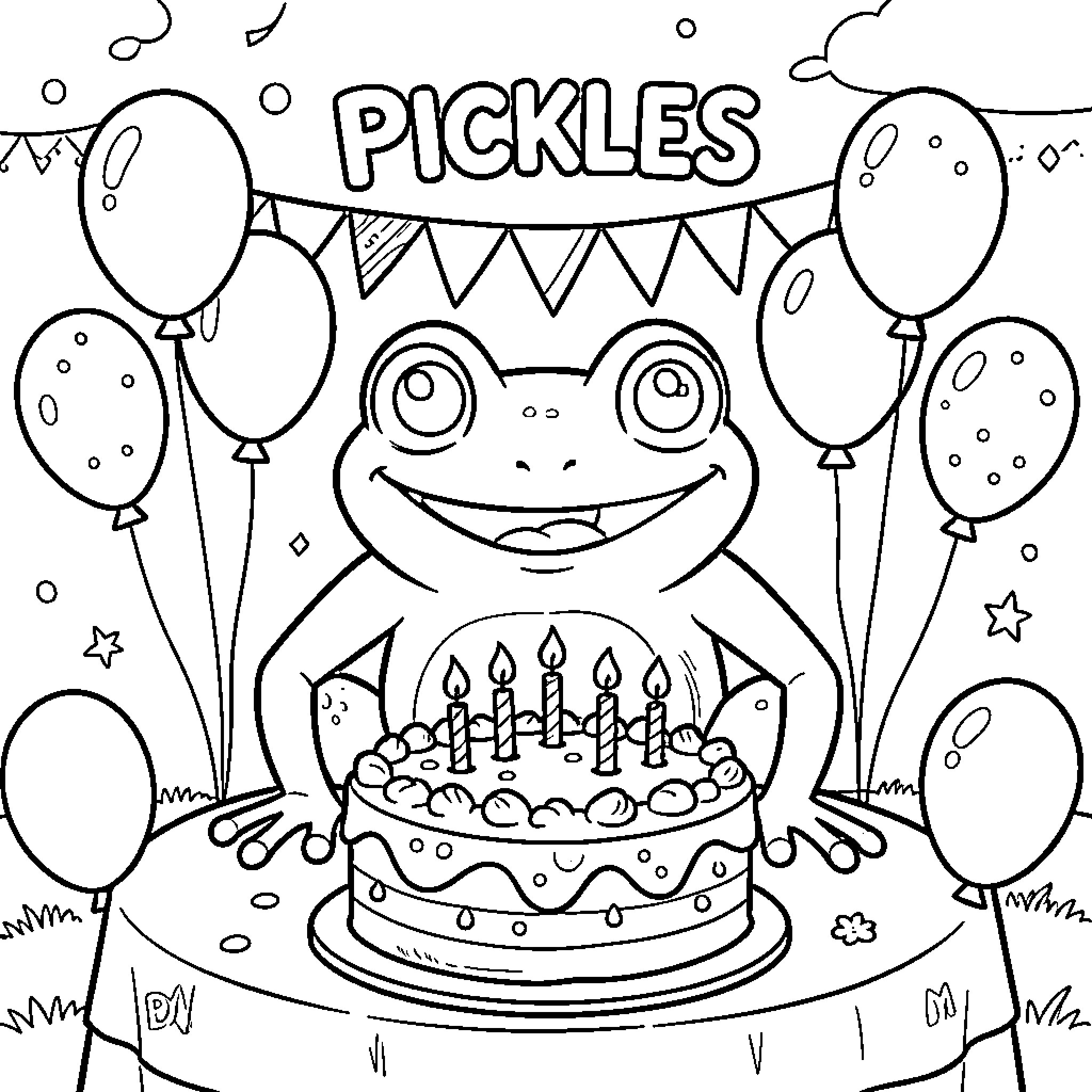 Bullfrog celebrating birthday with cake and balloons Coloring Page (free black-and-white line drawing printable PDF for all, from beginners to advanced learners, including children, teens, adults, and seniors)