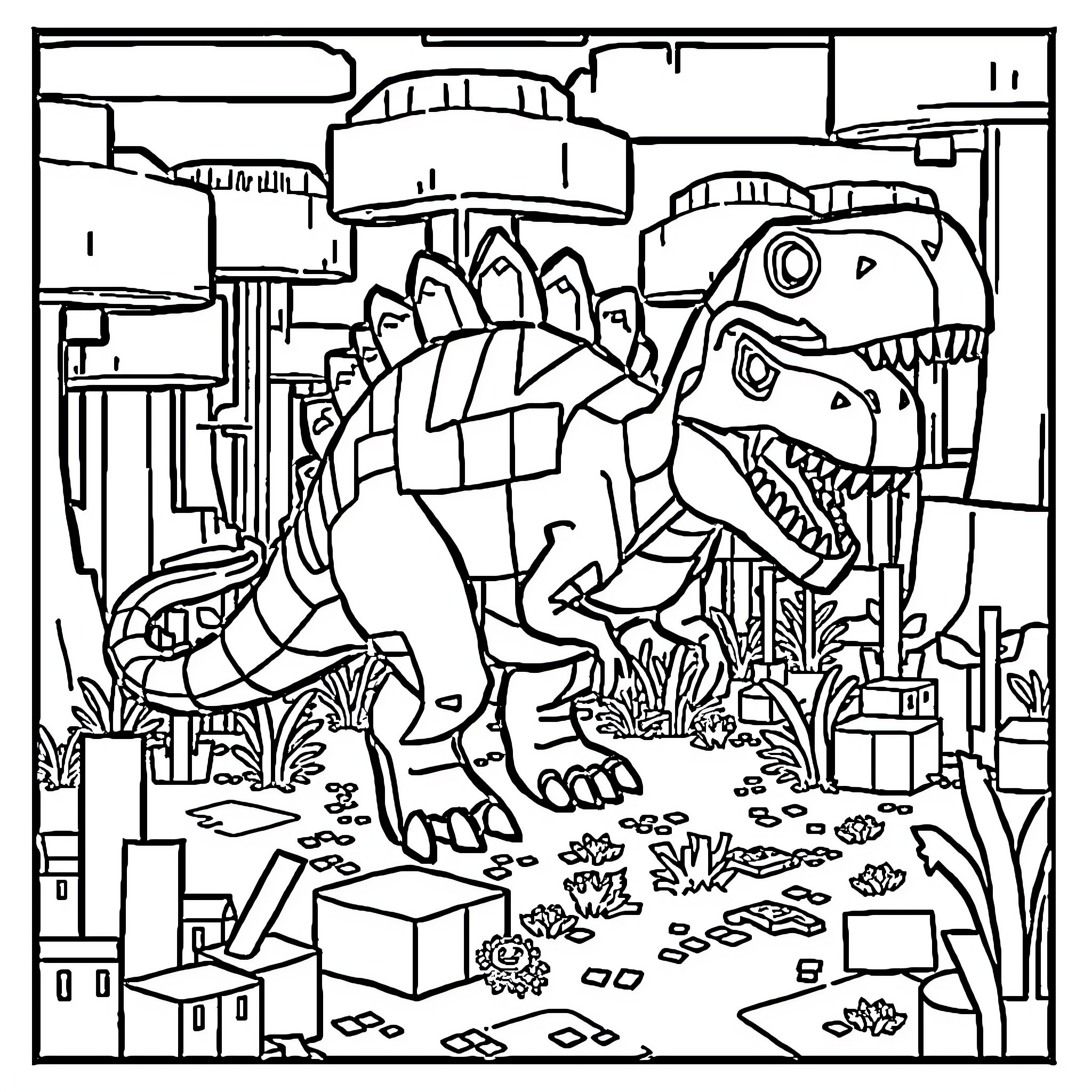 Dinosaur Roaming Through Futuristic City Landscape Coloring Page (free black-and-white line drawing printable PDF for all, from beginners to advanced learners, including children, teens, adults, and seniors)