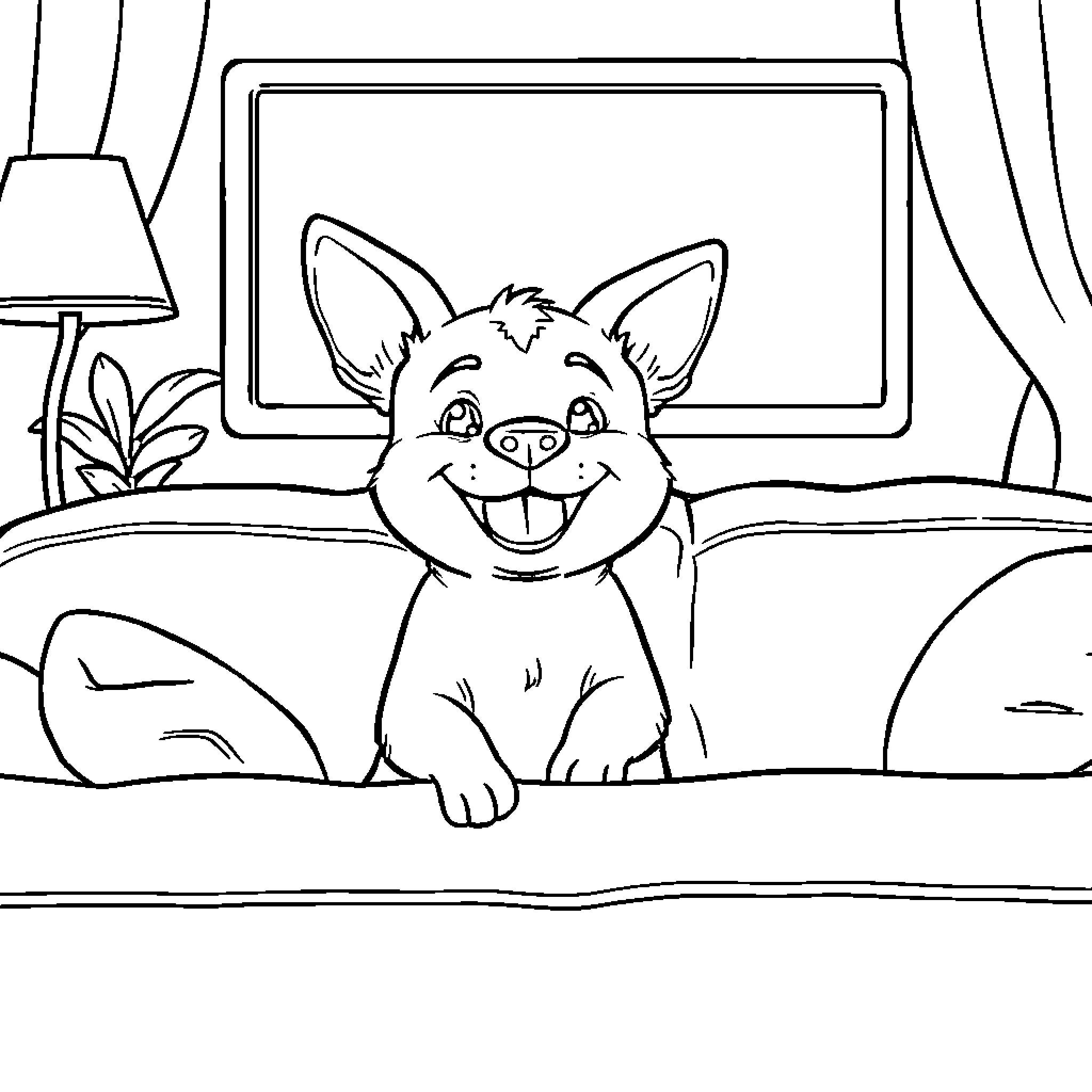 Pua the Playful Pup Relaxing at Home Coloring Page (free black-and-white line drawing printable PDF for all, from beginners to advanced learners, including children, teens, adults, and seniors)