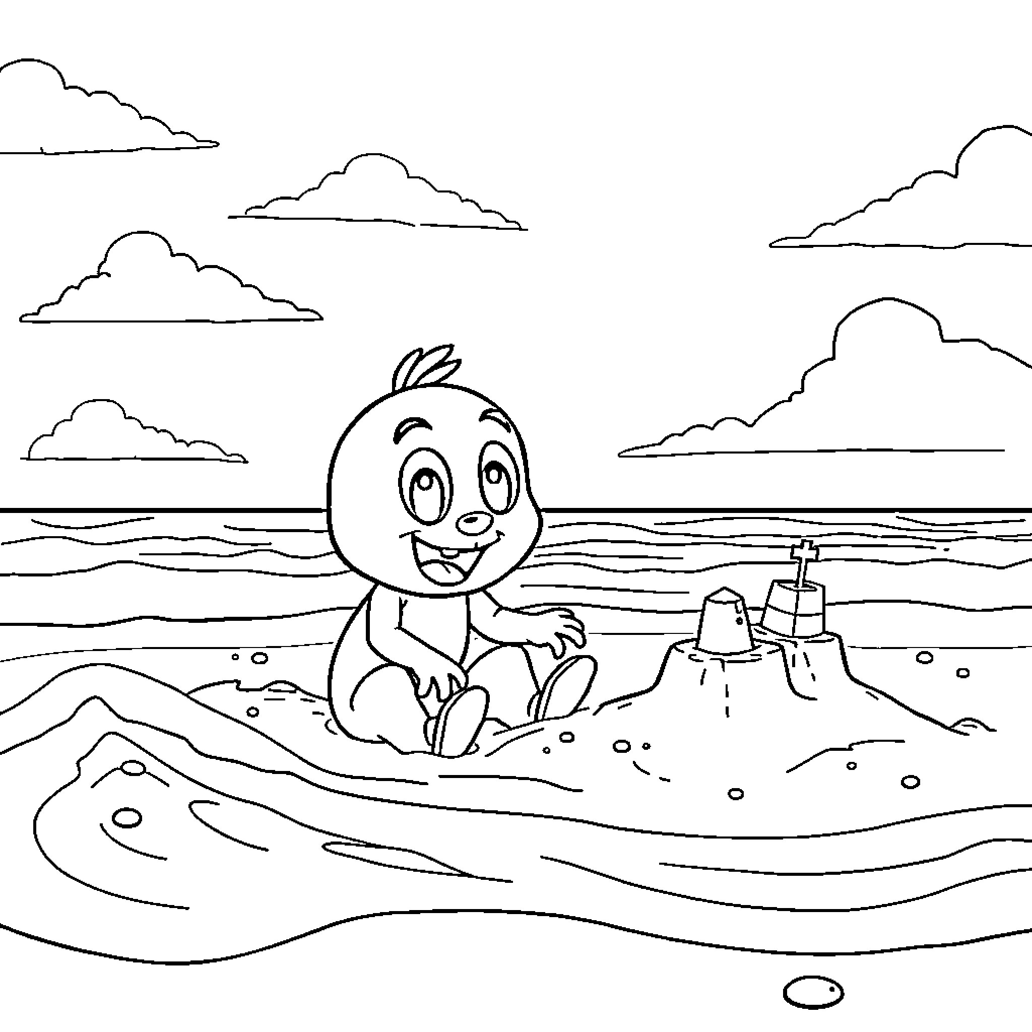 Bingo character enjoying a day at the beach Coloring Page (free black-and-white line drawing printable PDF for all, from beginners to advanced learners, including children, teens, adults, and seniors)