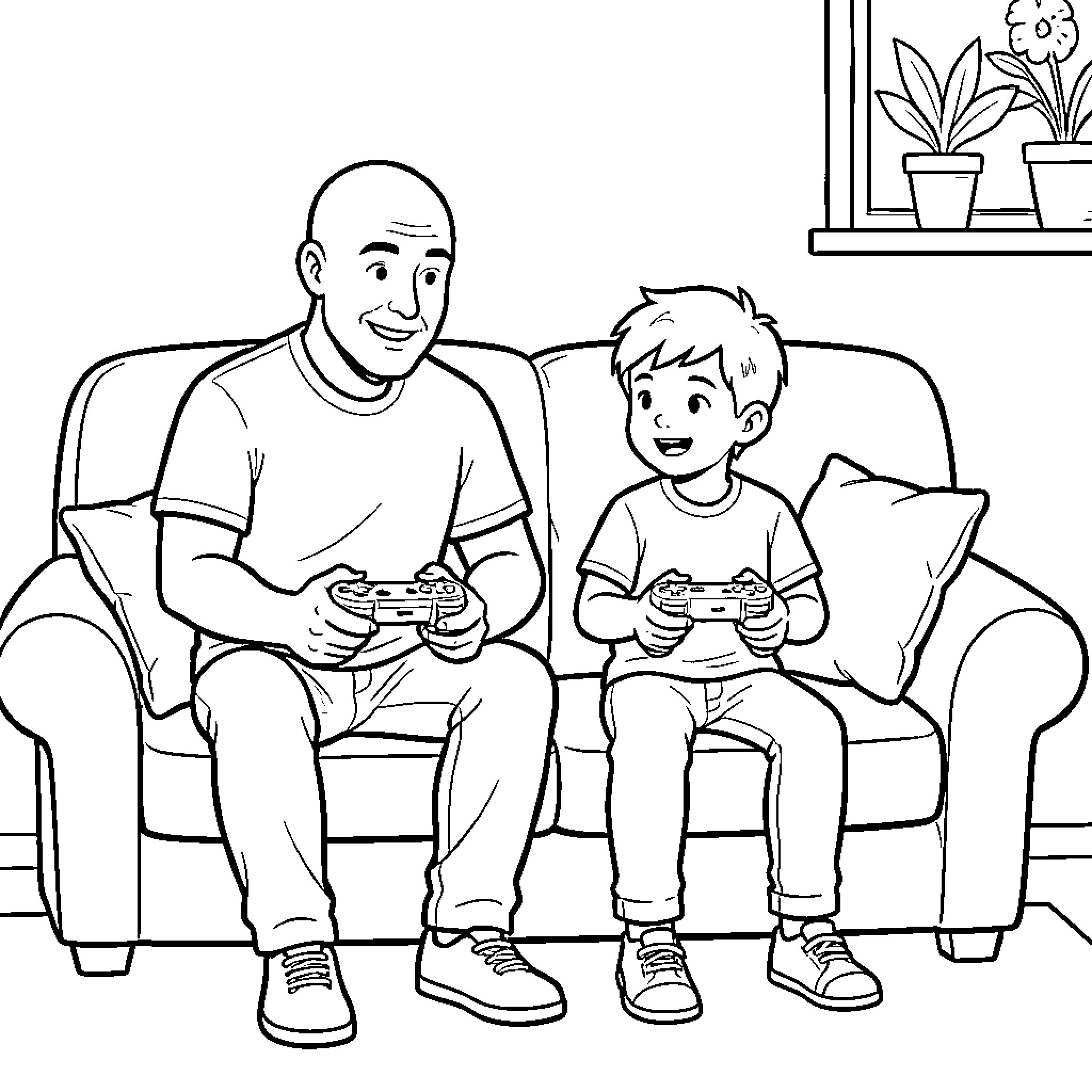 Dad and son playing video games together Coloring Page (free black-and-white line drawing printable PDF for all, from beginners to advanced learners, including children, teens, adults, and seniors)