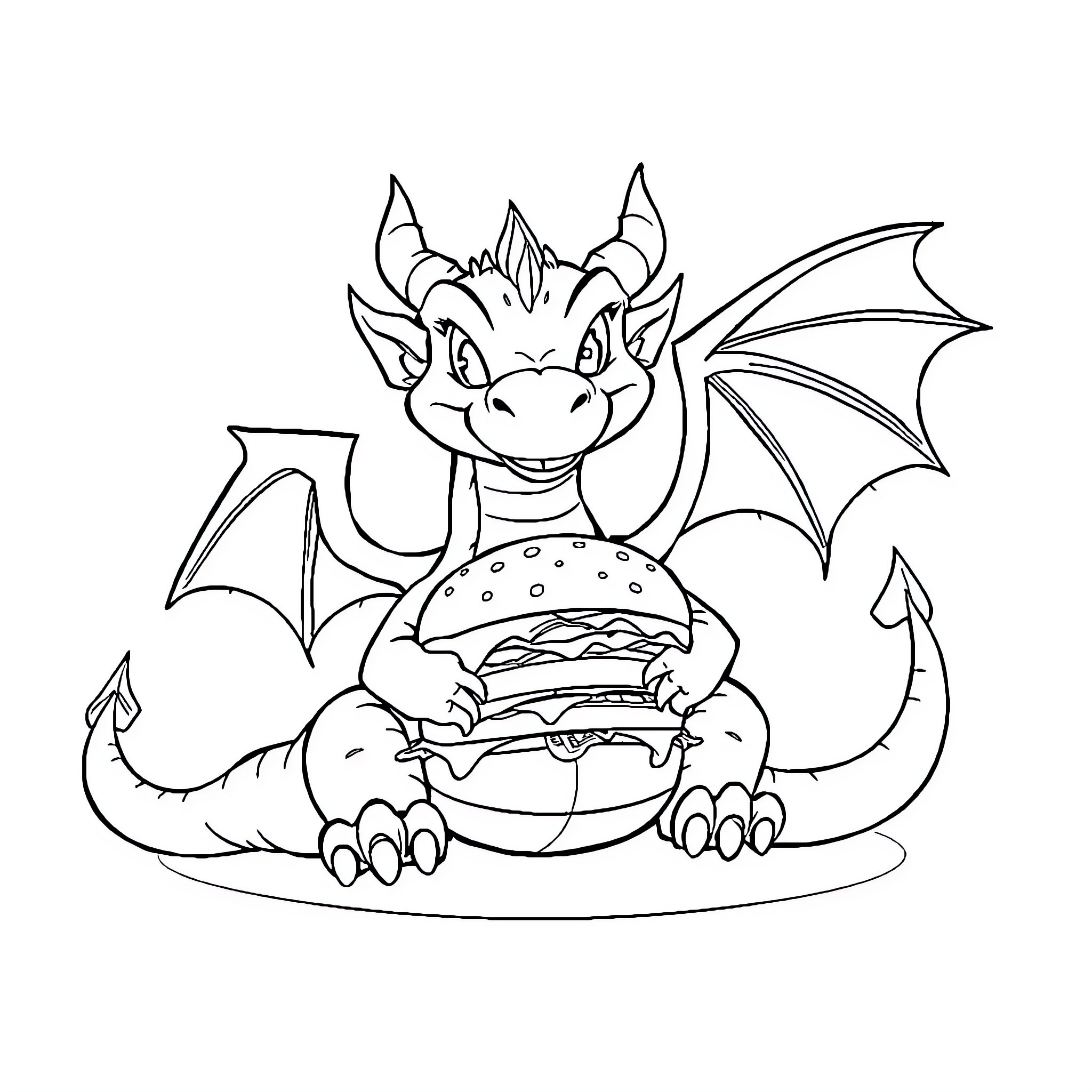 Dragon enjoys delightful hamburger feast Coloring Page (free black-and-white line drawing printable PDF for all, from beginners to advanced learners, including children, teens, adults, and seniors)