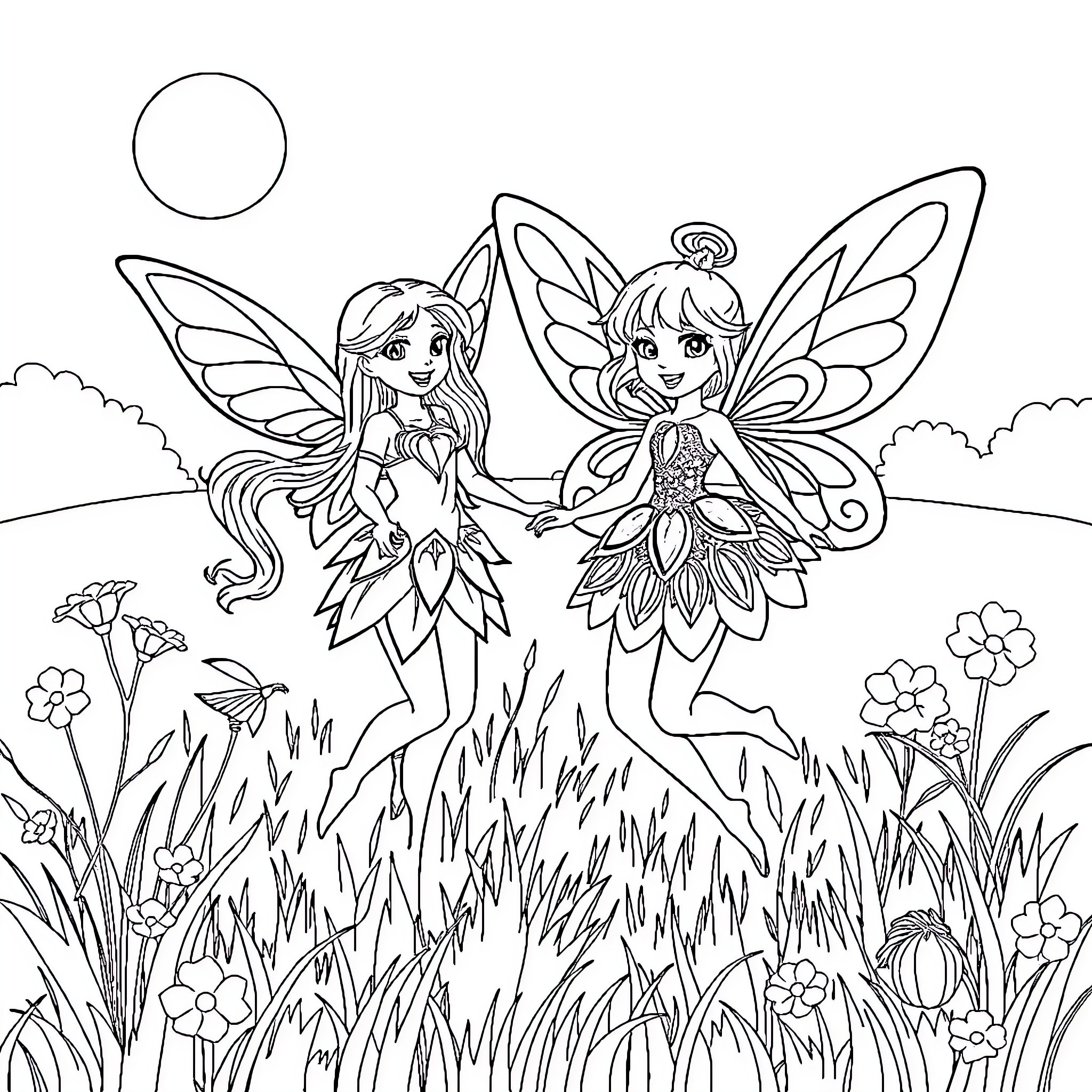 Fairy friends frolicking in the magical meadow Coloring Page (free black-and-white line drawing printable PDF for all, from beginners to advanced learners, including children, teens, adults, and seniors)