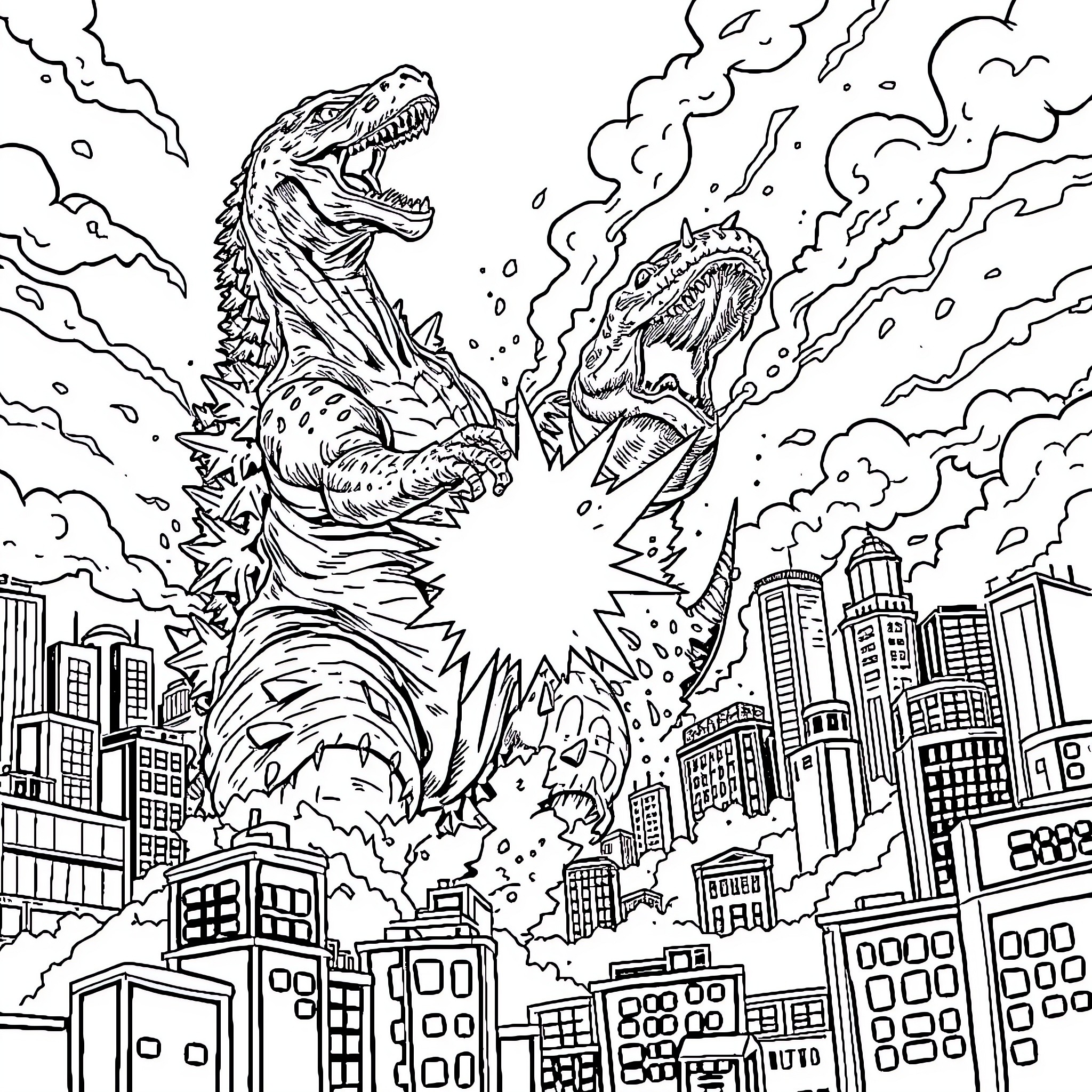 Godzilla's Destructive Rampage Through the City Coloring Page (free black-and-white line drawing printable PDF for all, from beginners to advanced learners, including children, teens, adults, and seniors)