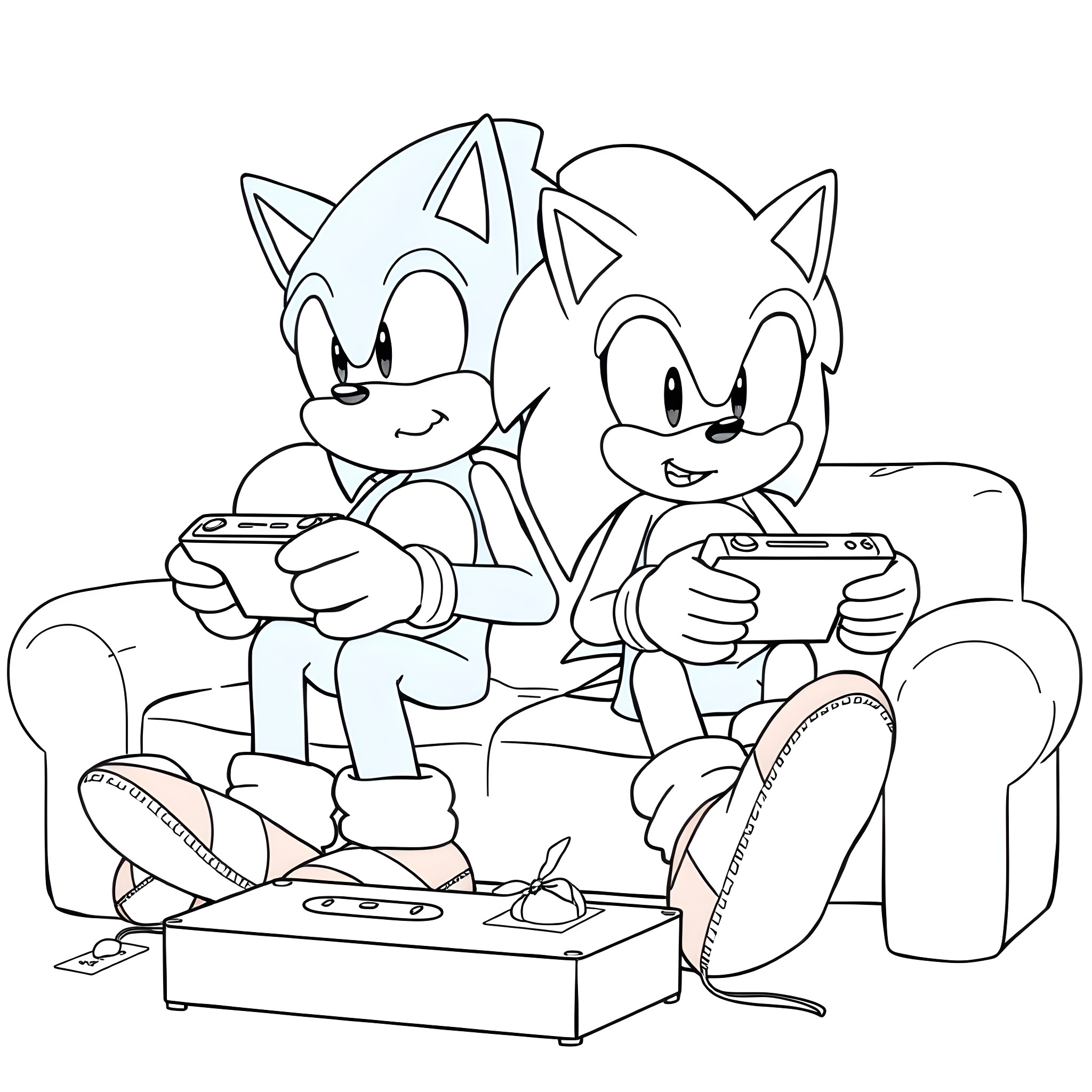 Bluey characters gaming together Coloring Page (free black-and-white line drawing printable PDF for all, from beginners to advanced learners, including children, teens, adults, and seniors)