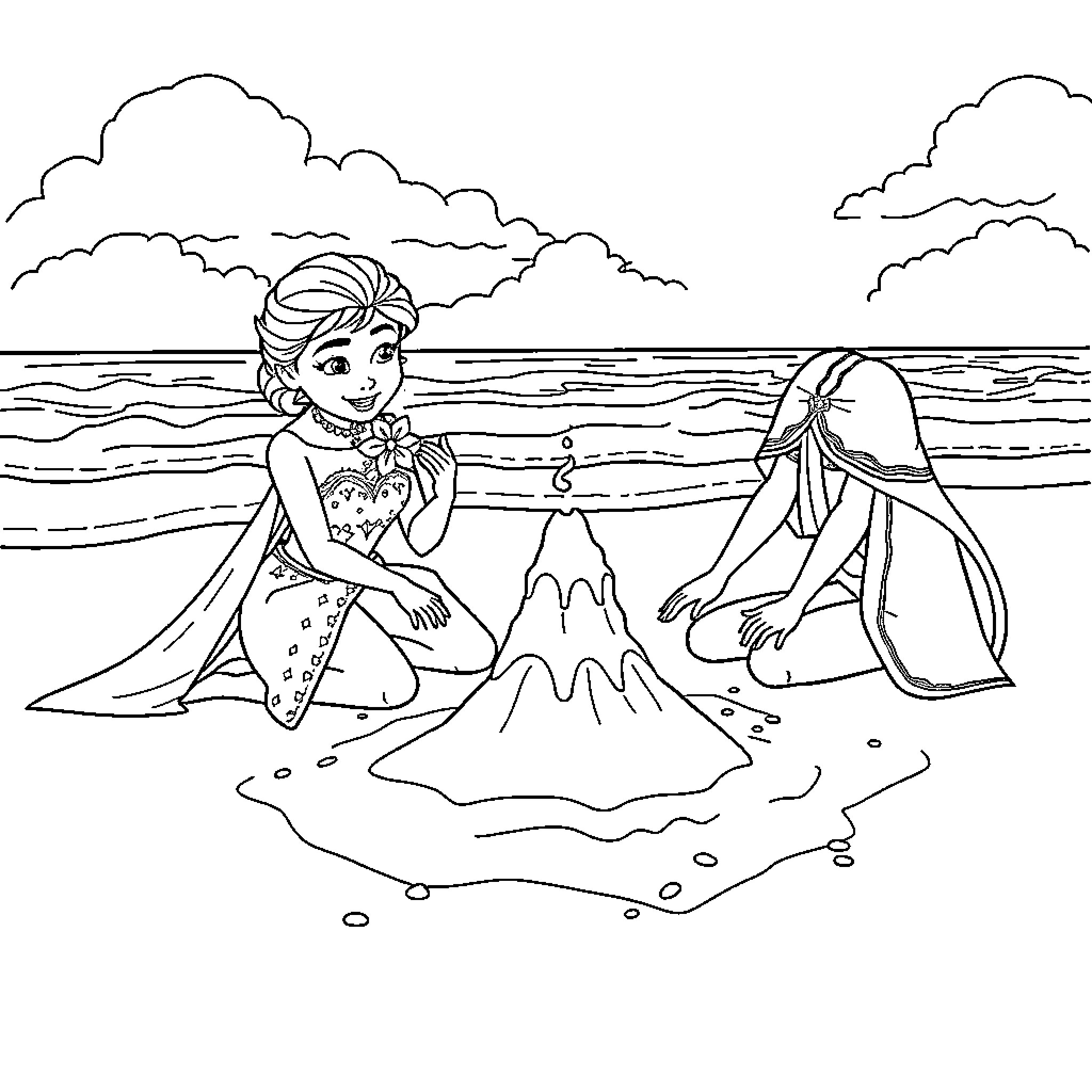 Elsa and Anna enjoy a day at the beach Coloring Page (free black-and-white line drawing printable PDF for all, from beginners to advanced learners, including children, teens, adults, and seniors)