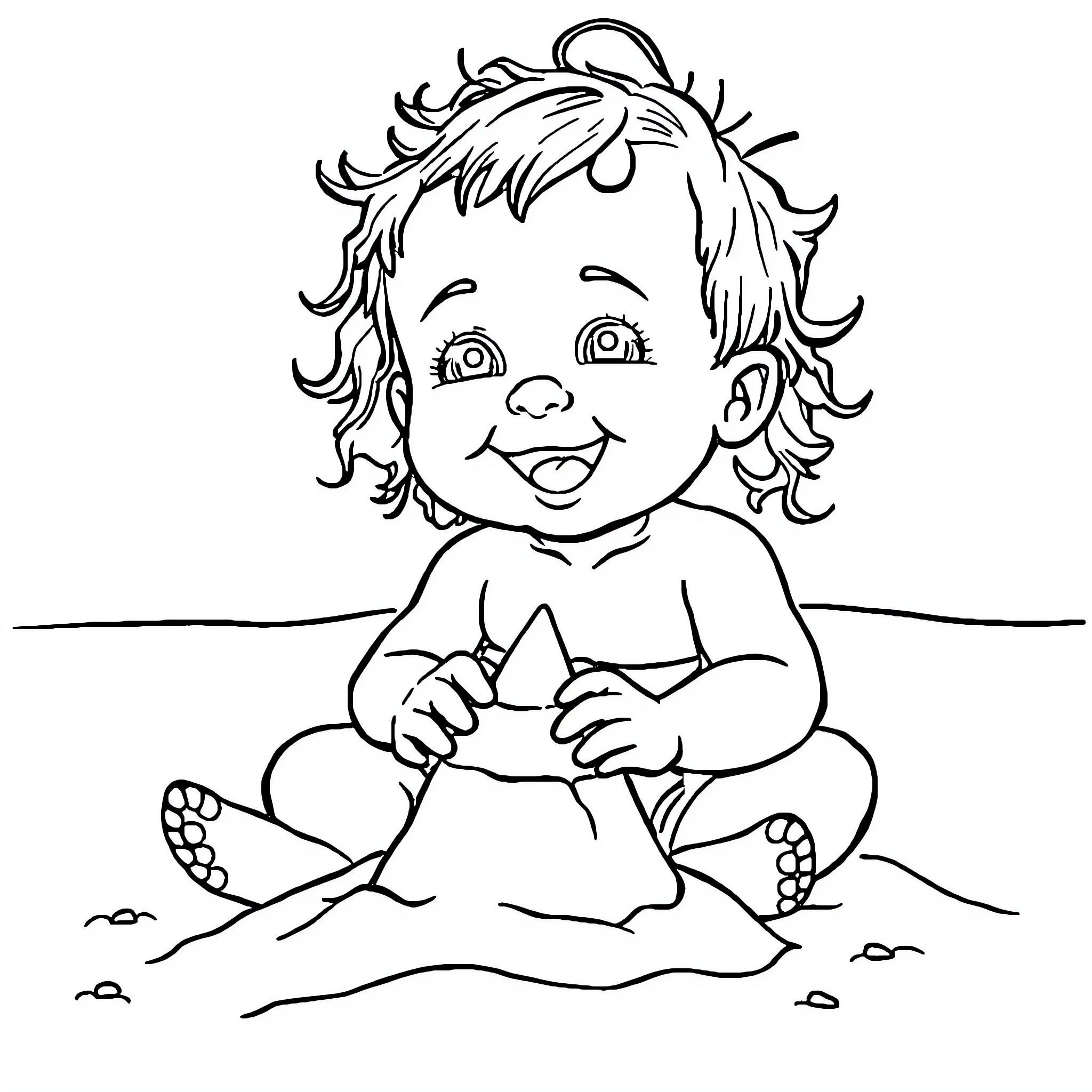 Baby playing happily on the floor Coloring Page (free black-and-white line drawing printable PDF for all, from beginners to advanced learners, including children, teens, adults, and seniors)