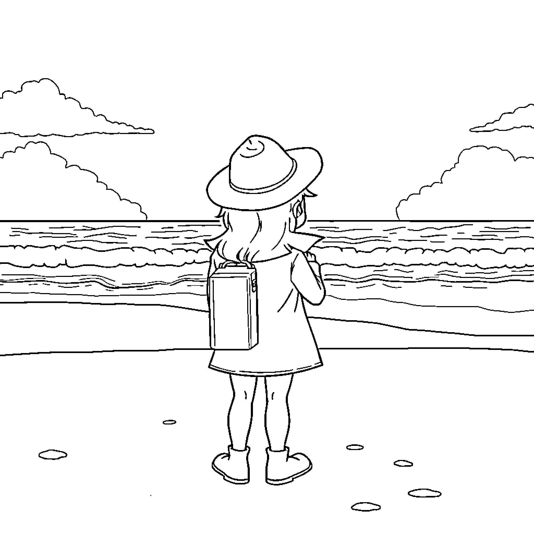 Mira's Seaside Adventure Coloring Page (free black-and-white line drawing printable PDF for all, from beginners to advanced learners, including children, teens, adults, and seniors)