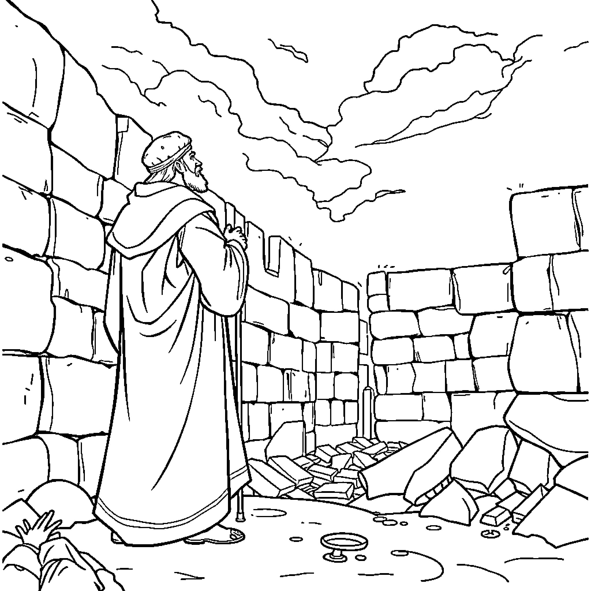 Wall of rubble with lone figure gazing into distance Coloring Page (free black-and-white line drawing printable PDF for all, from beginners to advanced learners, including children, teens, adults, and seniors)