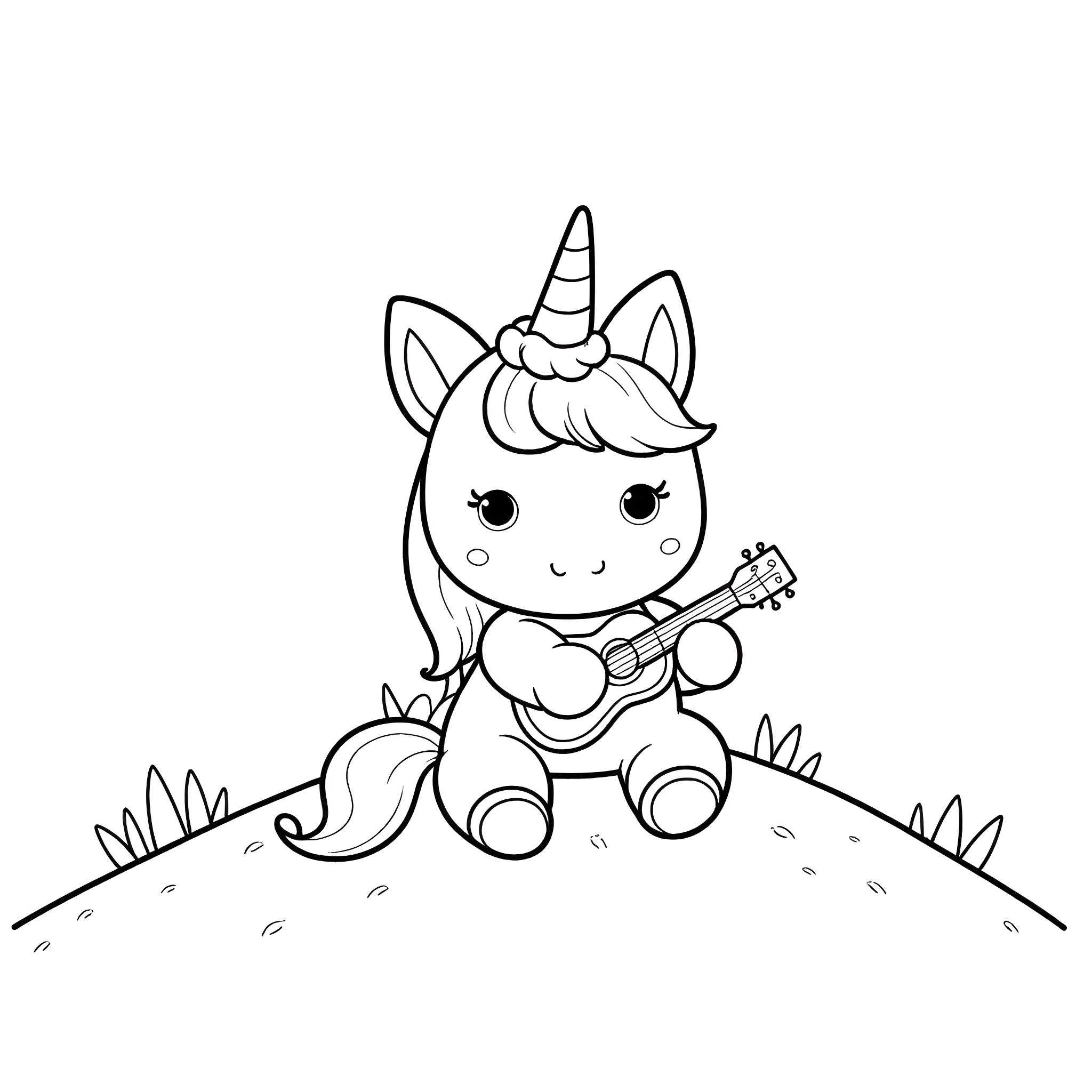 Unicorn playing a guitar in a grassy field Coloring Page (free black-and-white line drawing printable PDF for all, from beginners to advanced learners, including children, teens, adults, and seniors)