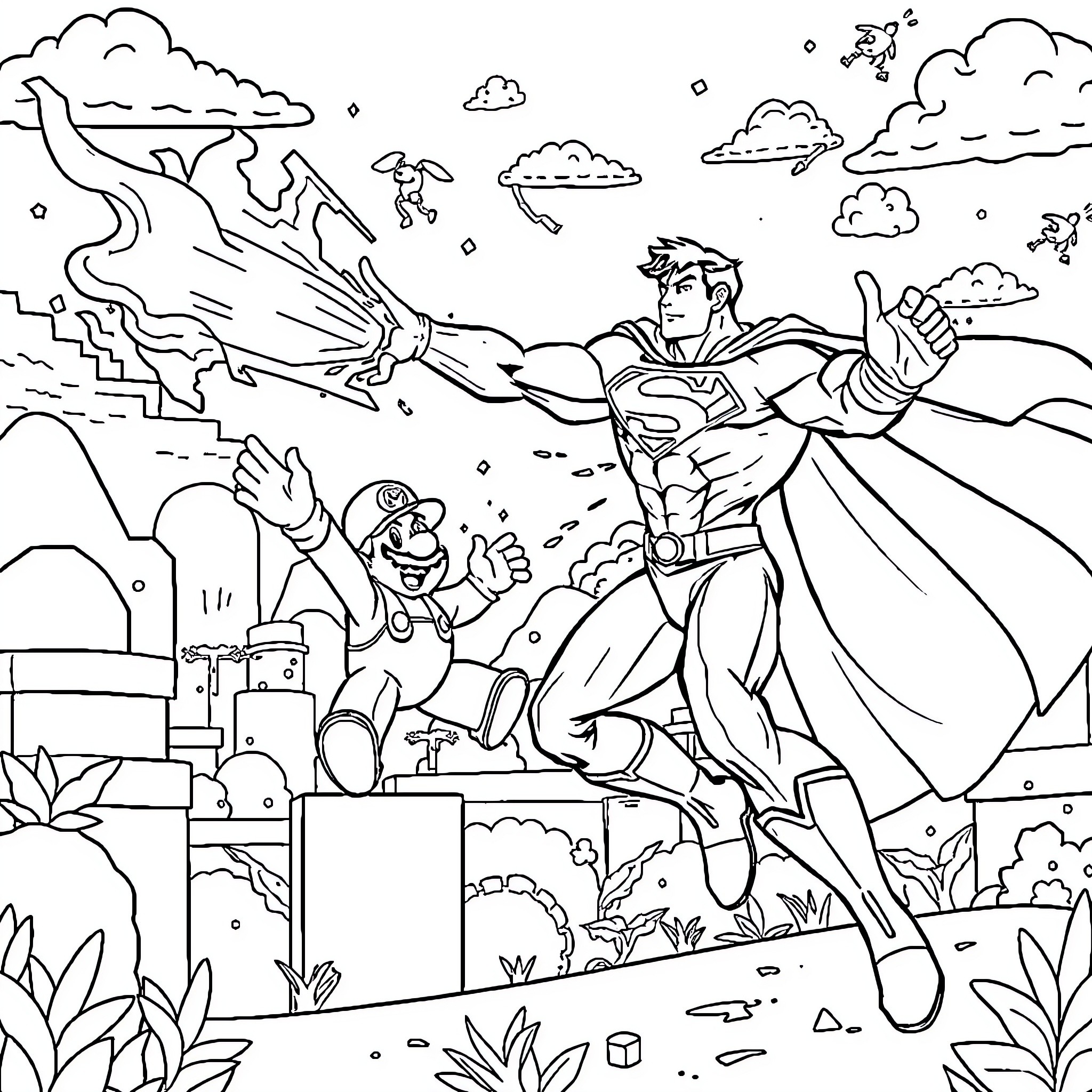 Superman saves the day with heroic actions Coloring Page (free black-and-white line drawing printable PDF for all, from beginners to advanced learners, including children, teens, adults, and seniors)