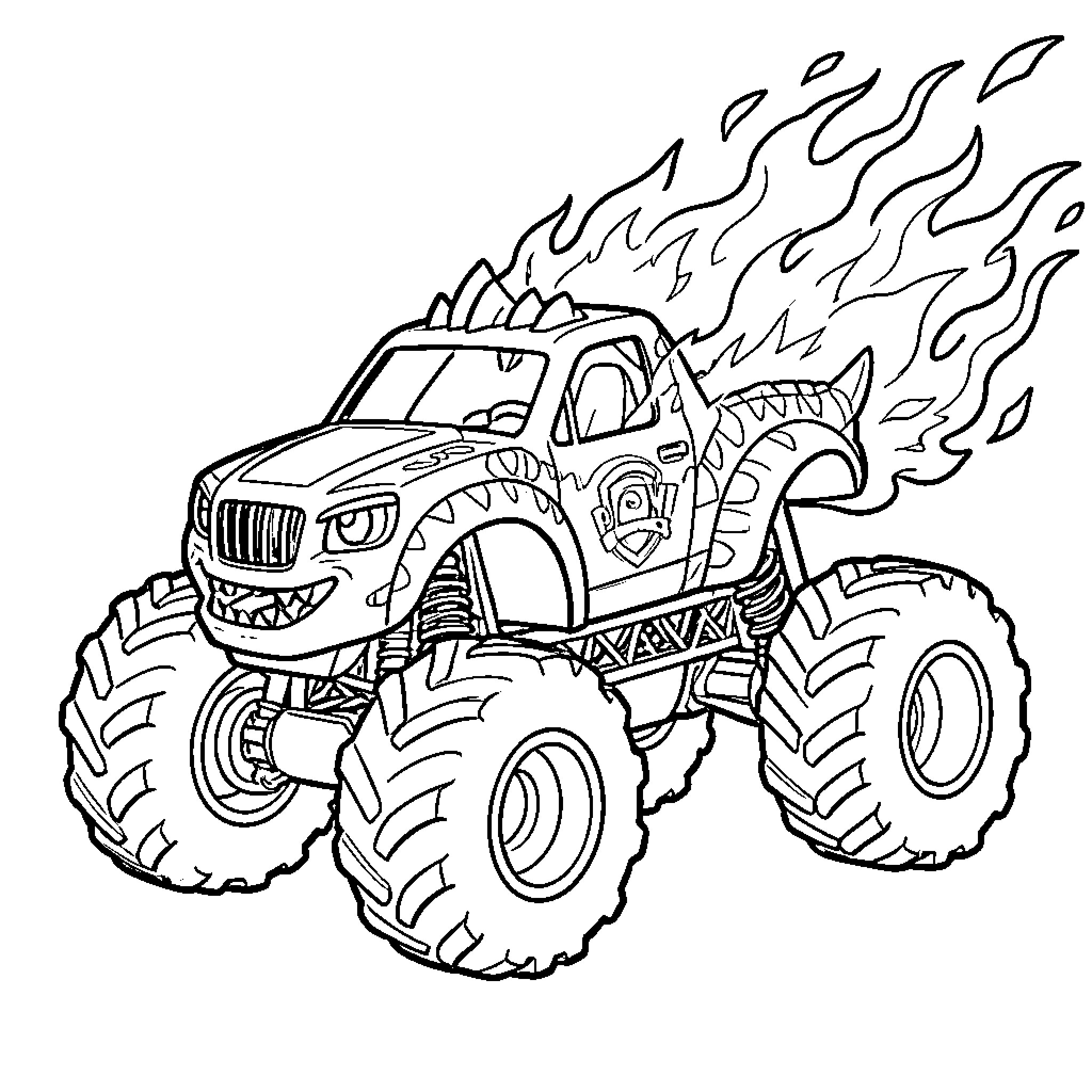 Dinosaur Monster Truck Speeding through Flames Coloring Page (free black-and-white line drawing printable PDF for all, from beginners to advanced learners, including children, teens, adults, and seniors)