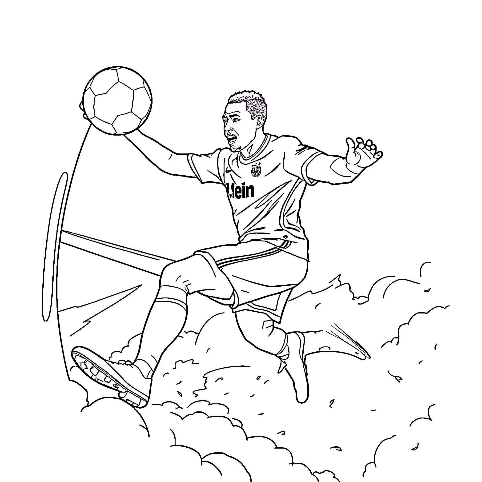Mbappe soaring for the ball in mid-air action Coloring Page (free black-and-white line drawing printable PDF for all, from beginners to advanced learners, including children, teens, adults, and seniors)