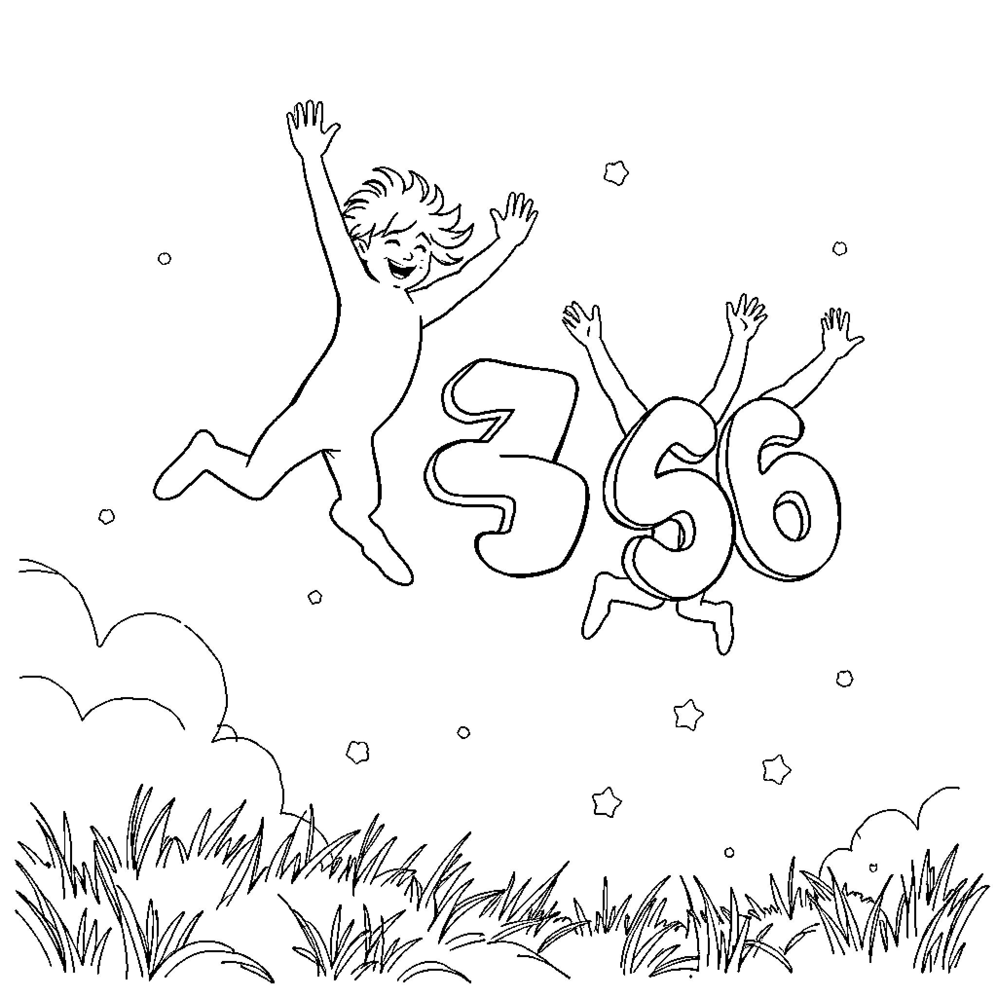 Number Figures Jumping with Joy Coloring Page (free black-and-white line drawing printable PDF for all, from beginners to advanced learners, including children, teens, adults, and seniors)
