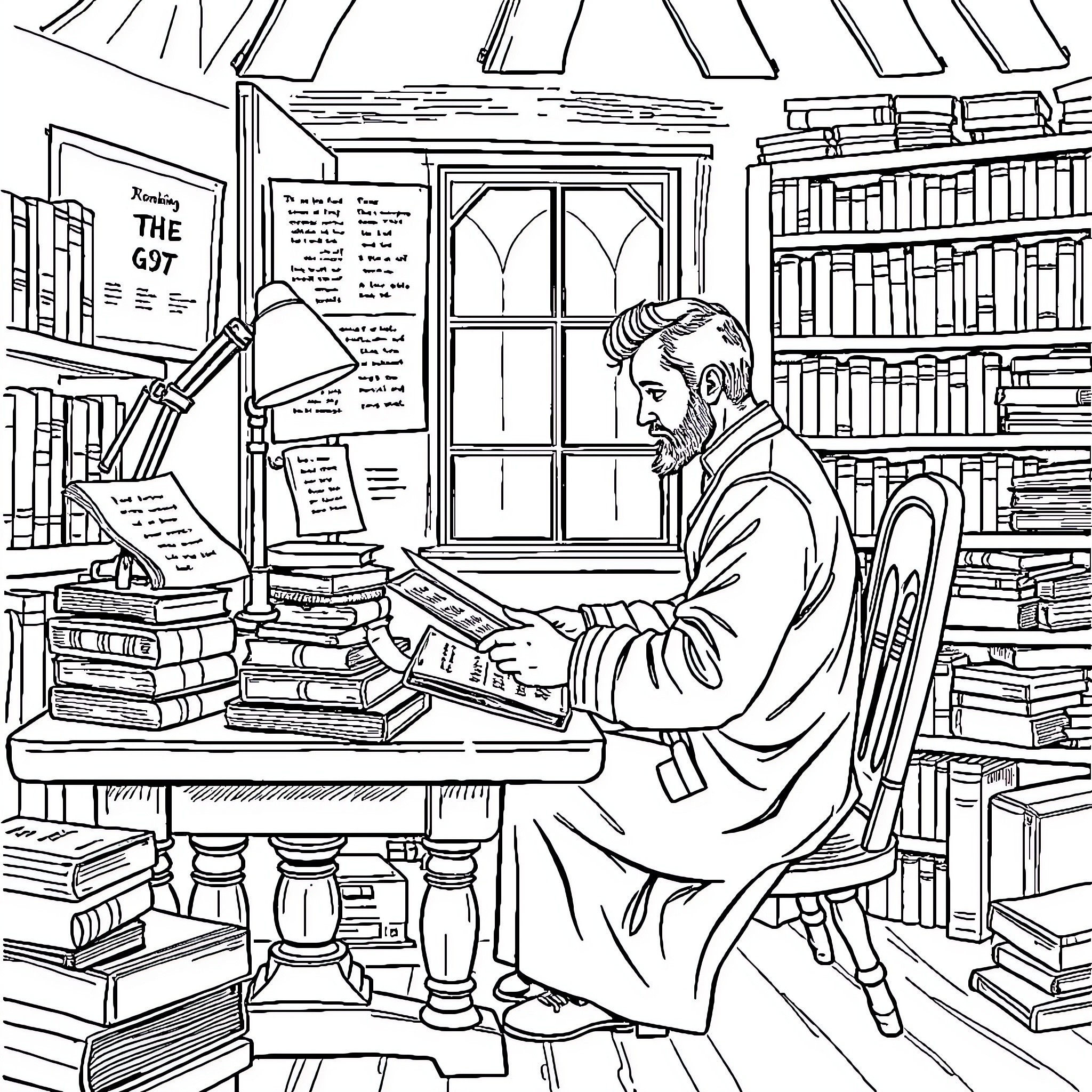 Historian intently studying books in a cozy library Coloring Page (free black-and-white line drawing printable PDF for all, from beginners to advanced learners, including children, teens, adults, and seniors)