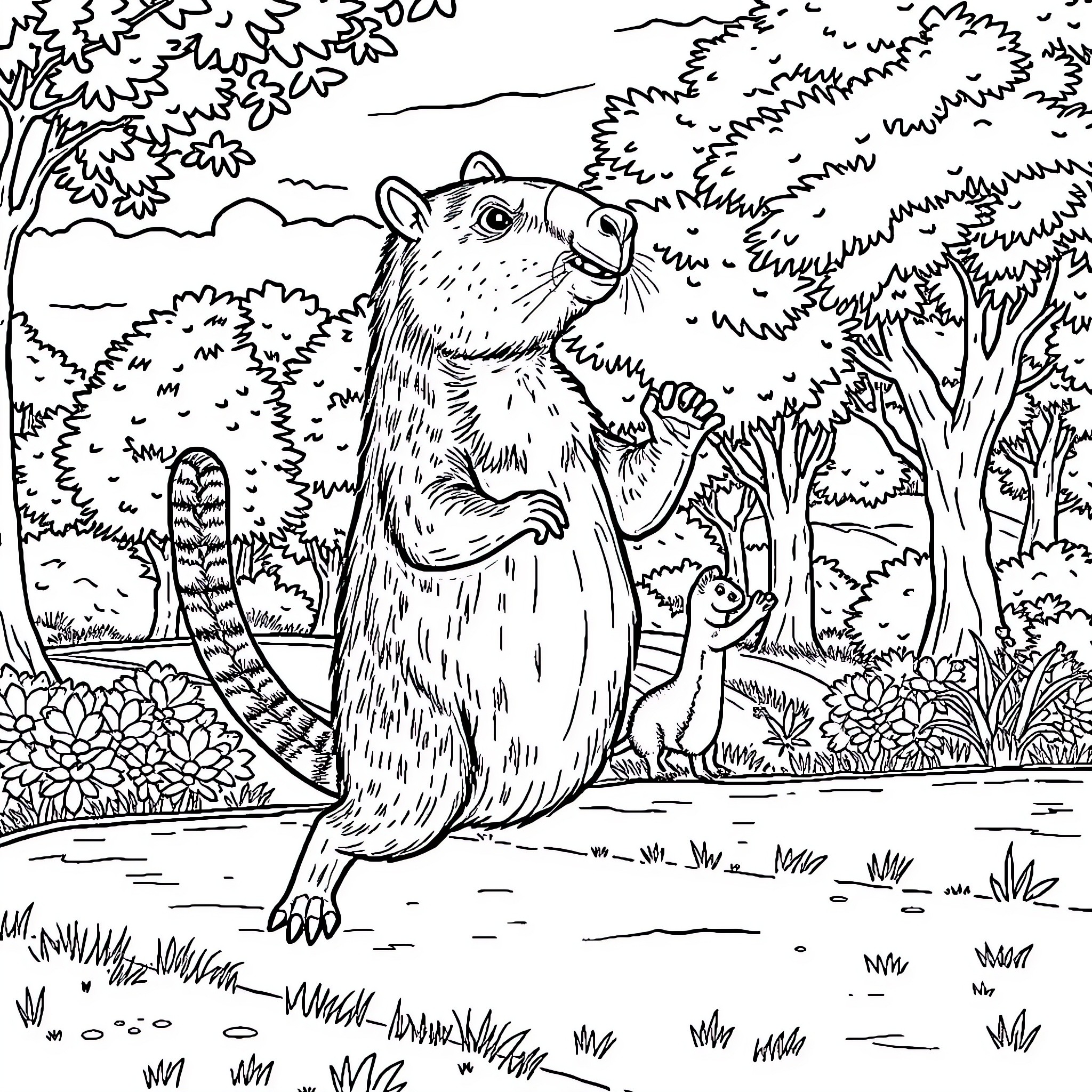 Capybara enjoying the outdoors in nature Coloring Page (free black-and-white line drawing printable PDF for all, from beginners to advanced learners, including children, teens, adults, and seniors)