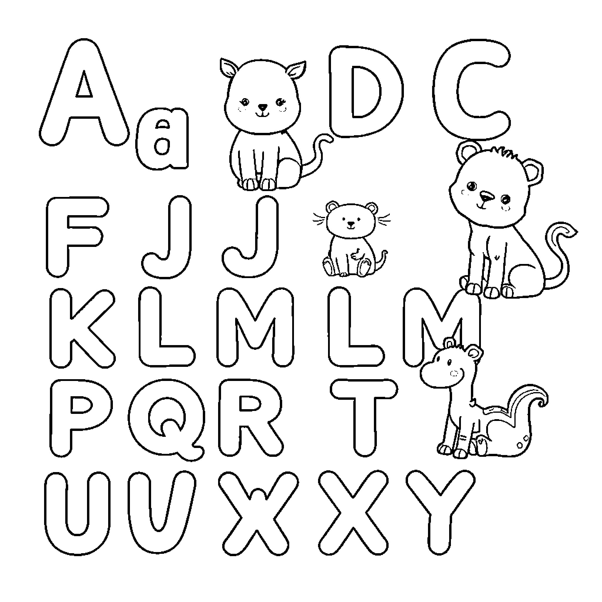 Baby Animal Alphabet Learning with Cute Cartoon Characters Coloring Page (free black-and-white line drawing printable PDF for all, from beginners to advanced learners, including children, teens, adults, and seniors)