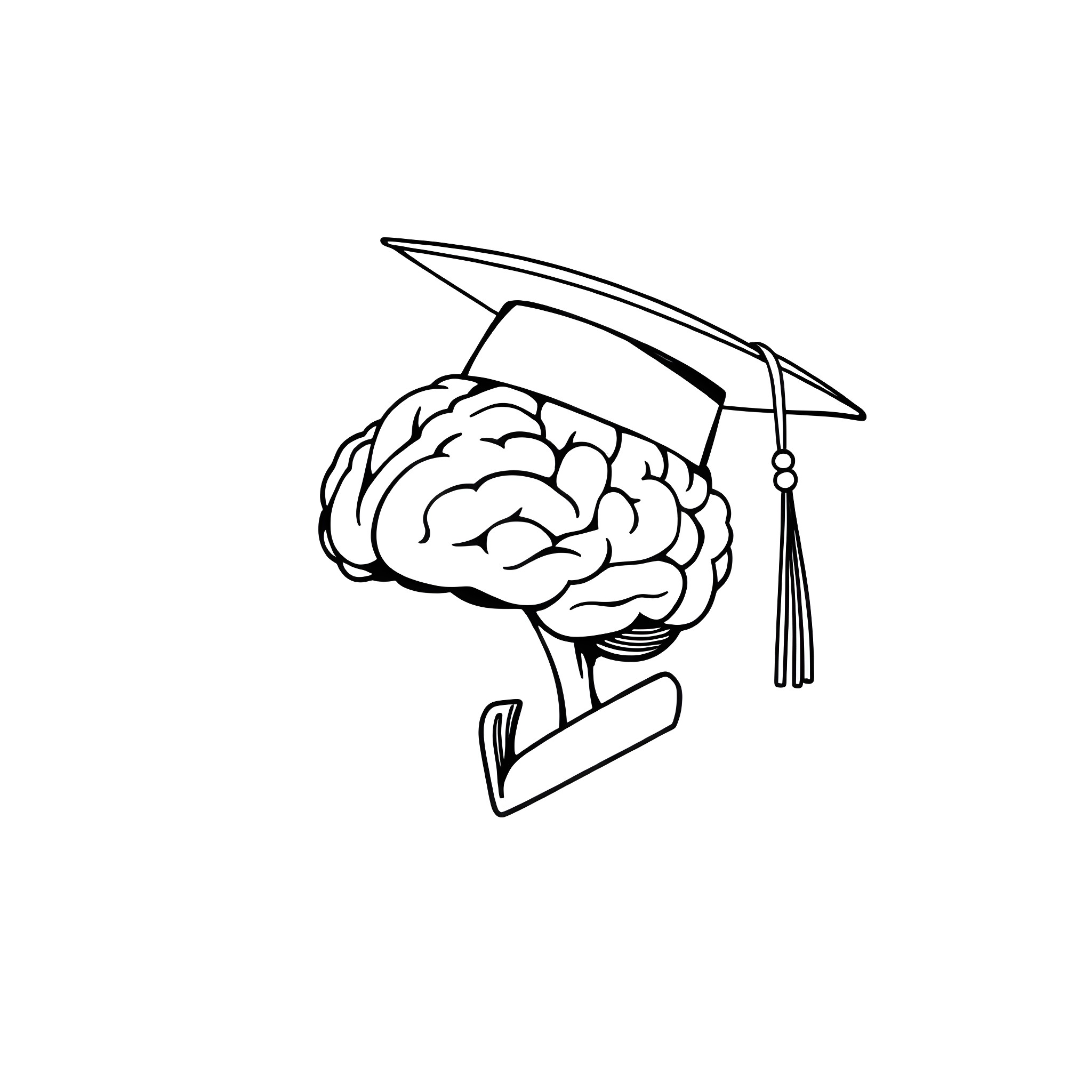 Brain Graduating with Academic Cap Coloring Page (free black-and-white line drawing printable PDF for all, from beginners to advanced learners, including children, teens, adults, and seniors)