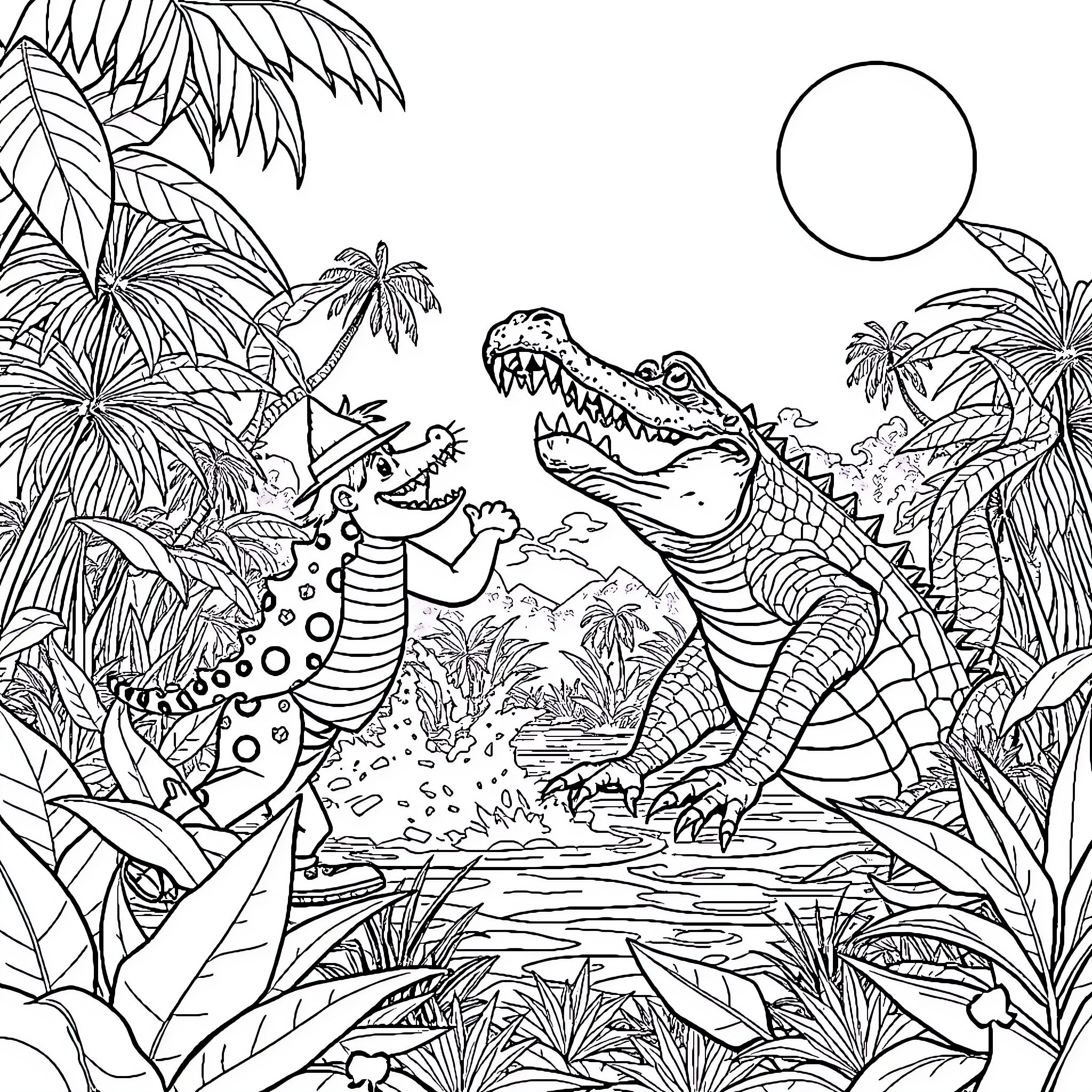 Tumtum's Tropical Jungle Adventure Coloring Page (free black-and-white line drawing printable PDF for all, from beginners to advanced learners, including children, teens, adults, and seniors)