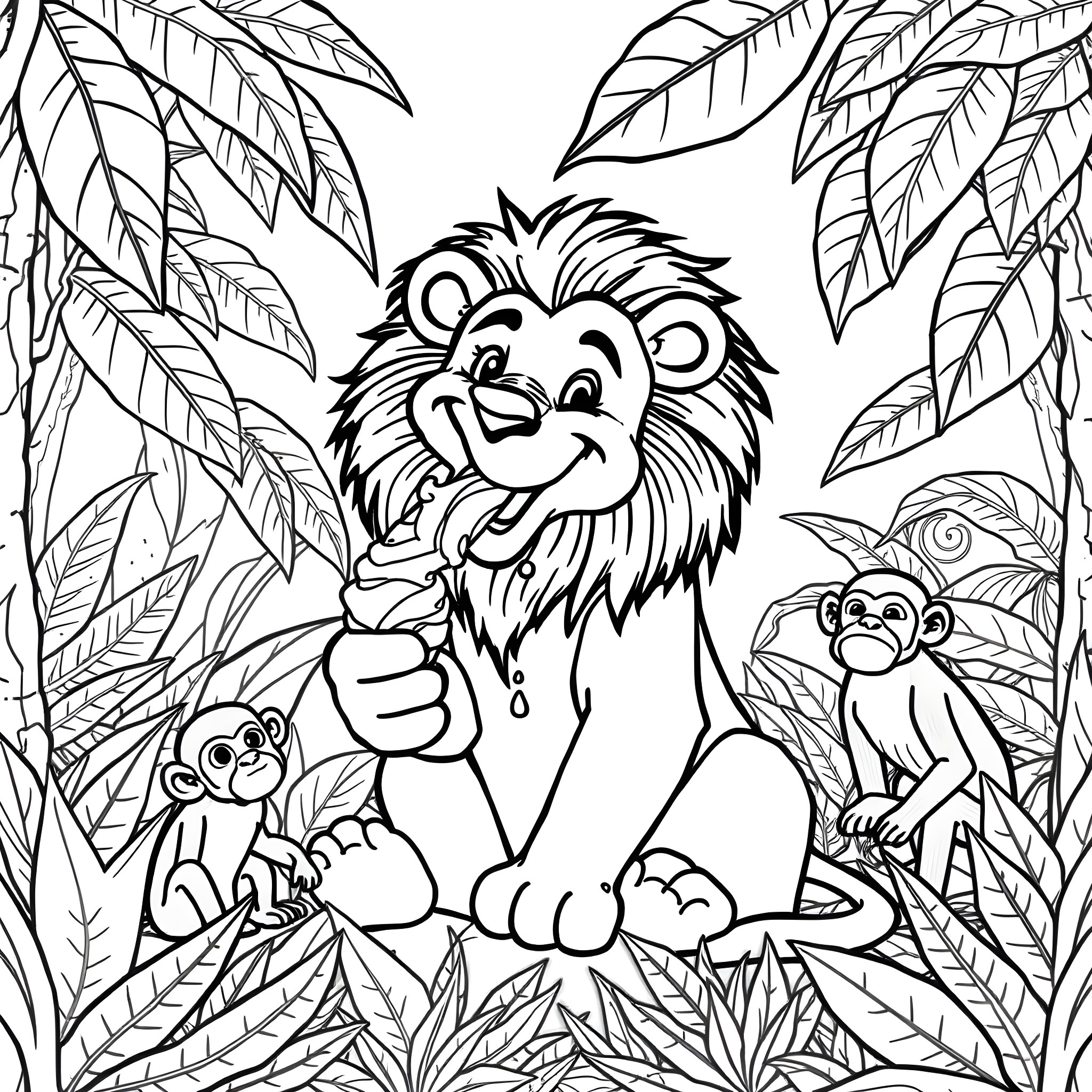 Lion playing happily with monkeys in the jungle Coloring Page (free black-and-white line drawing printable PDF for all, from beginners to advanced learners, including children, teens, adults, and seniors)