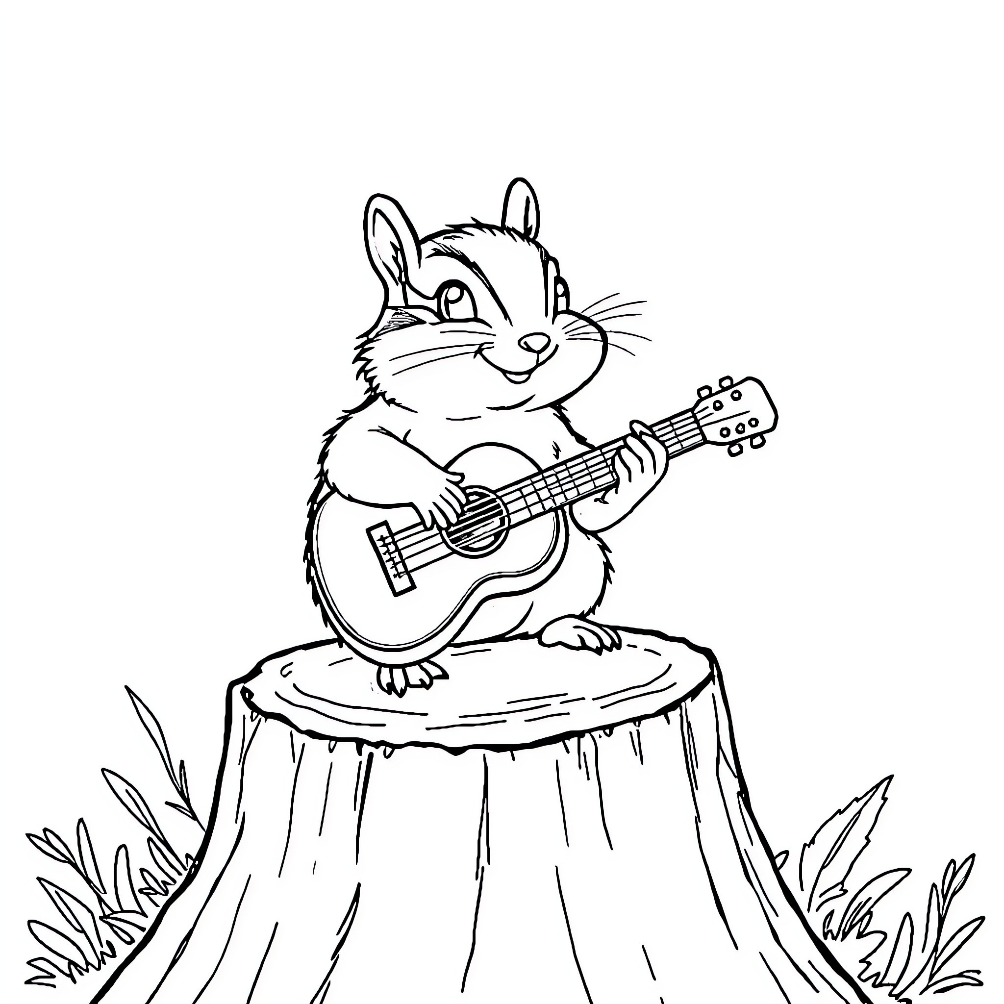Chipmunk playing guitar on tree stump Coloring Page (free black-and-white line drawing printable PDF for all, from beginners to advanced learners, including children, teens, adults, and seniors)