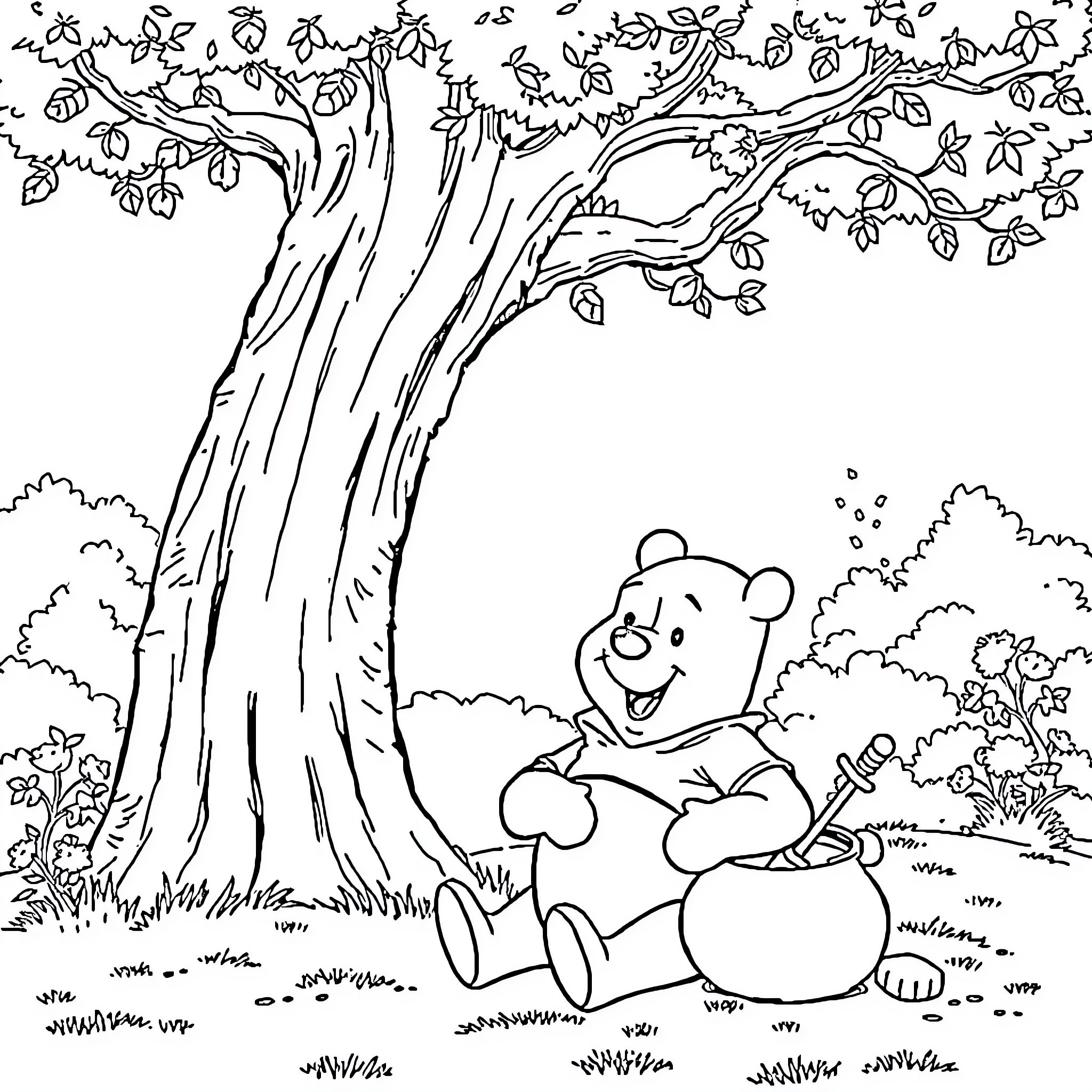 Winnie The Pooh enjoying a day in the woods Coloring Page (free black-and-white line drawing printable PDF for all, from beginners to advanced learners, including children, teens, adults, and seniors)