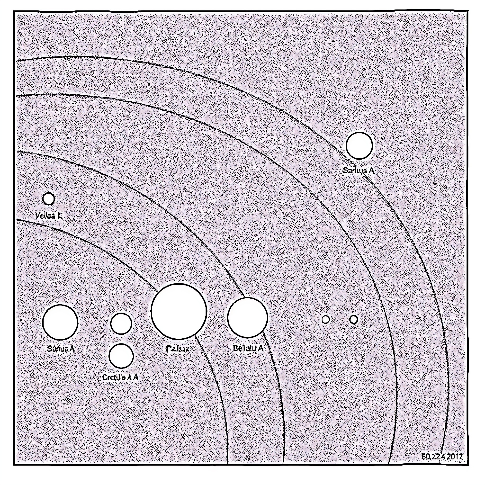 Star-shaped objects in cosmic space Coloring Page (free black-and-white line drawing printable PDF for all, from beginners to advanced learners, including children, teens, adults, and seniors)