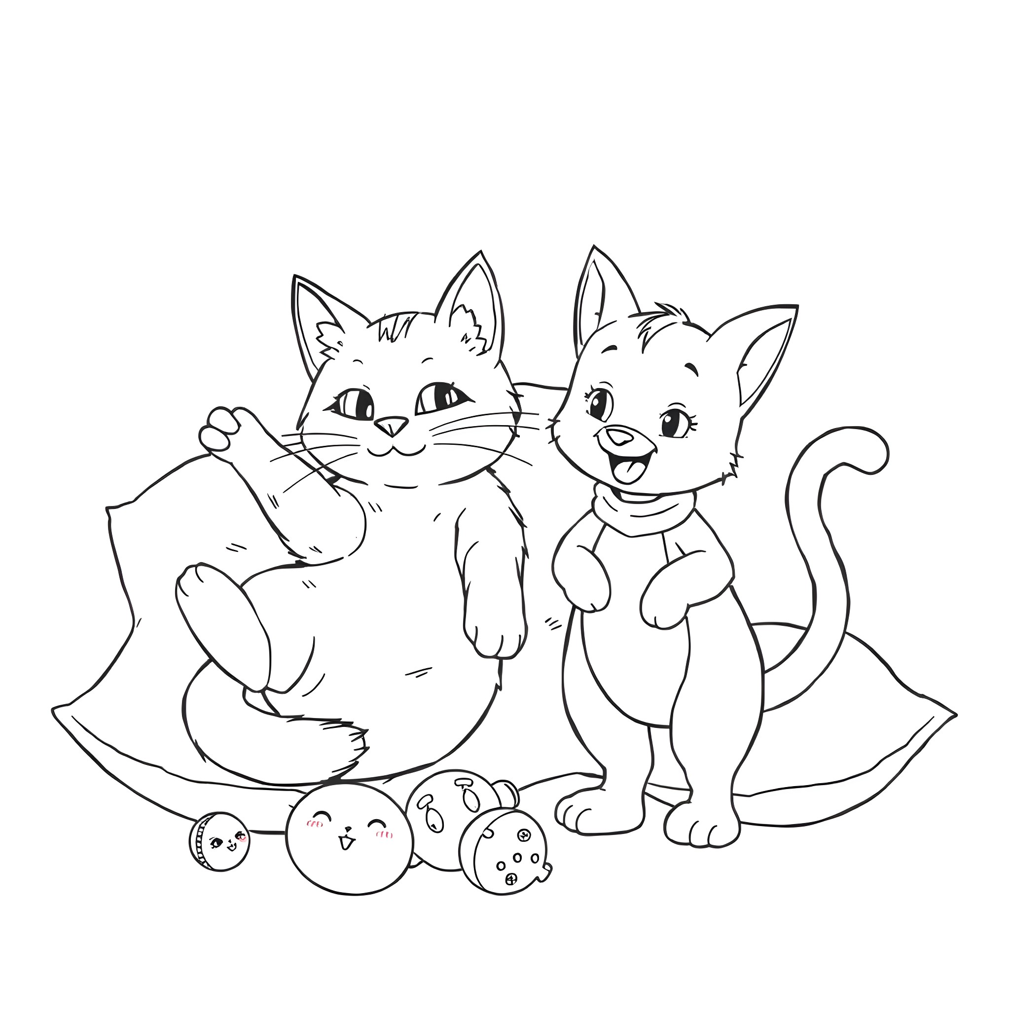 Cats playing with toys on the floor Coloring Page (free black-and-white line drawing printable PDF for all, from beginners to advanced learners, including children, teens, adults, and seniors)