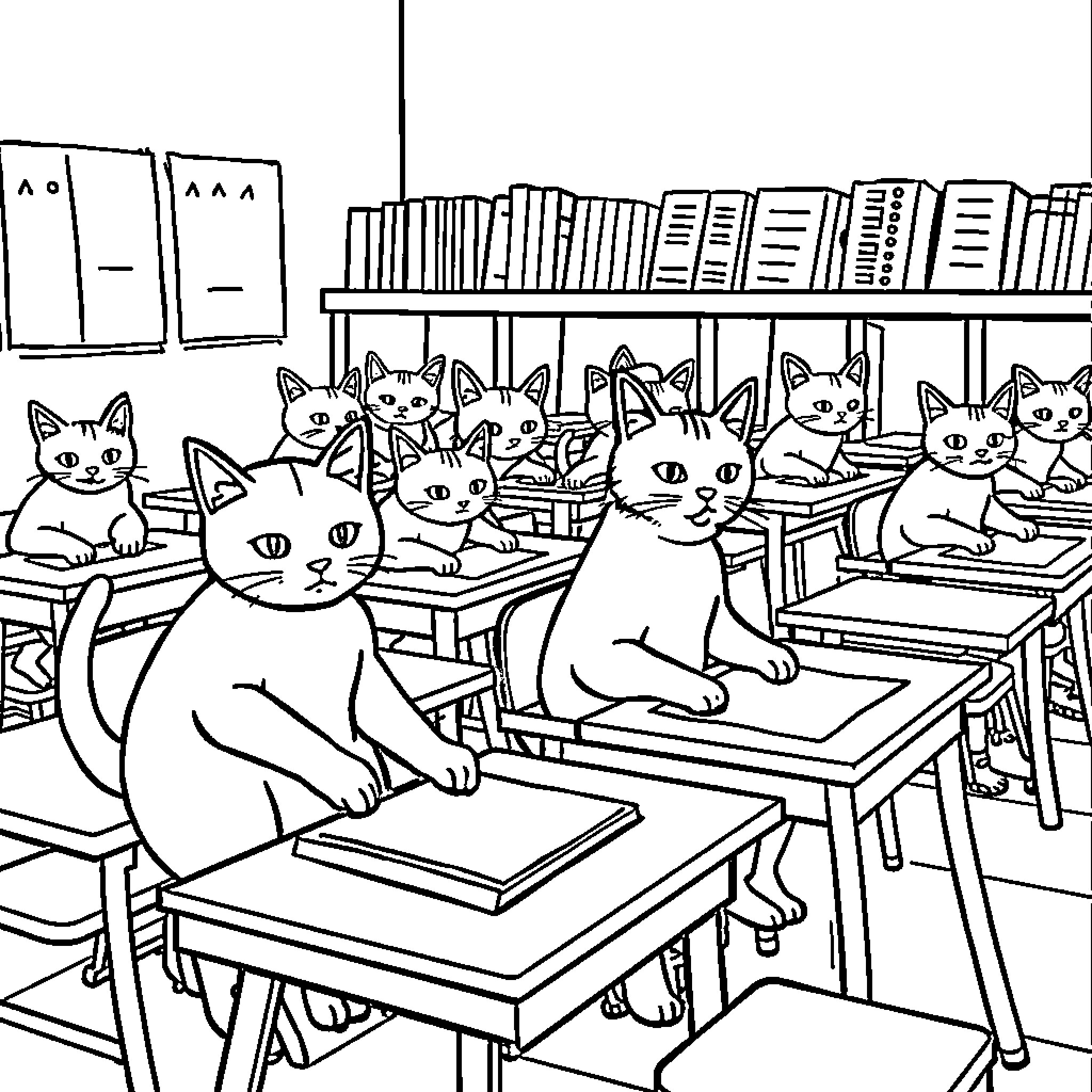 Cats in a Classroom Learning Environment Coloring Page (free black-and-white line drawing printable PDF for all, from beginners to advanced learners, including children, teens, adults, and seniors)