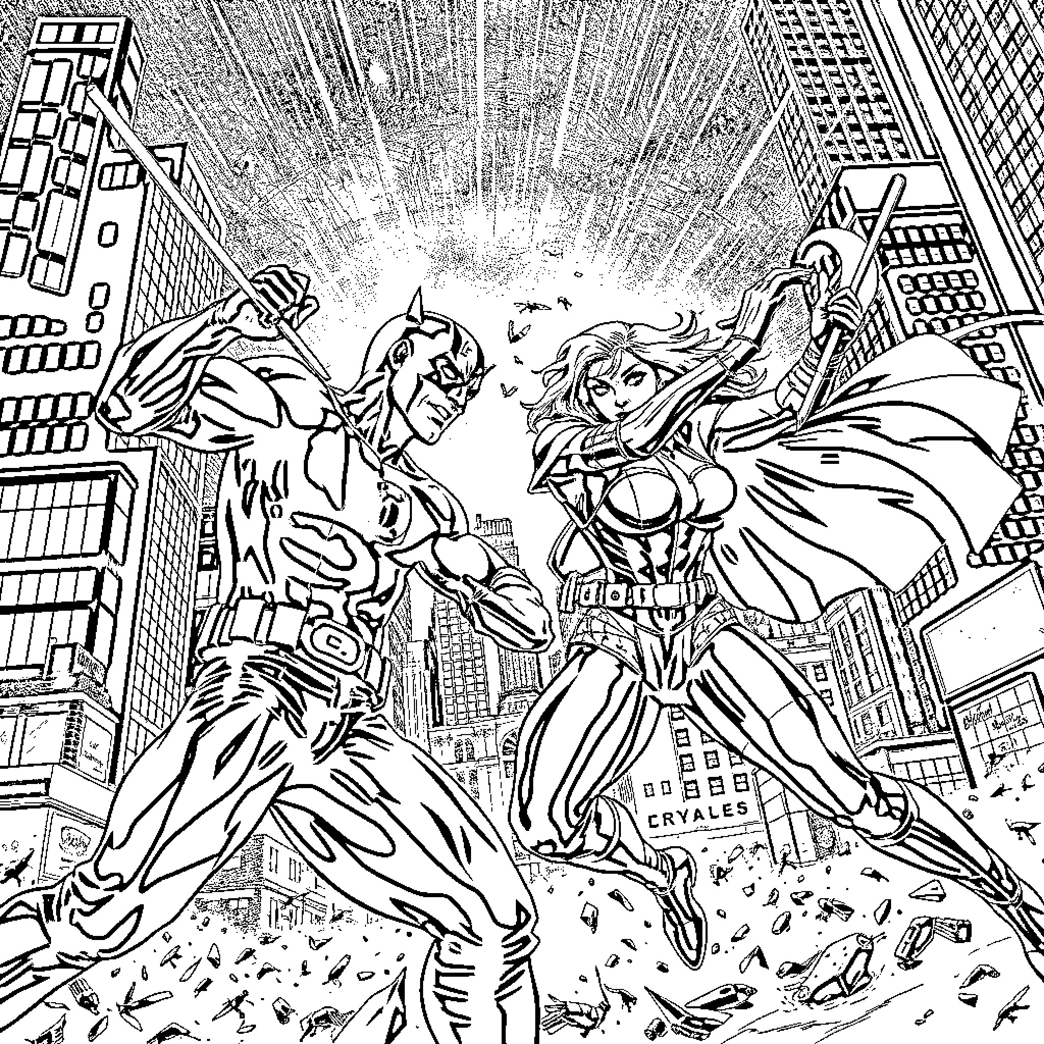 Daredevil and Superheroes Battling in the City Coloring Page (free black-and-white line drawing printable PDF for all, from beginners to advanced learners, including children, teens, adults, and seniors)