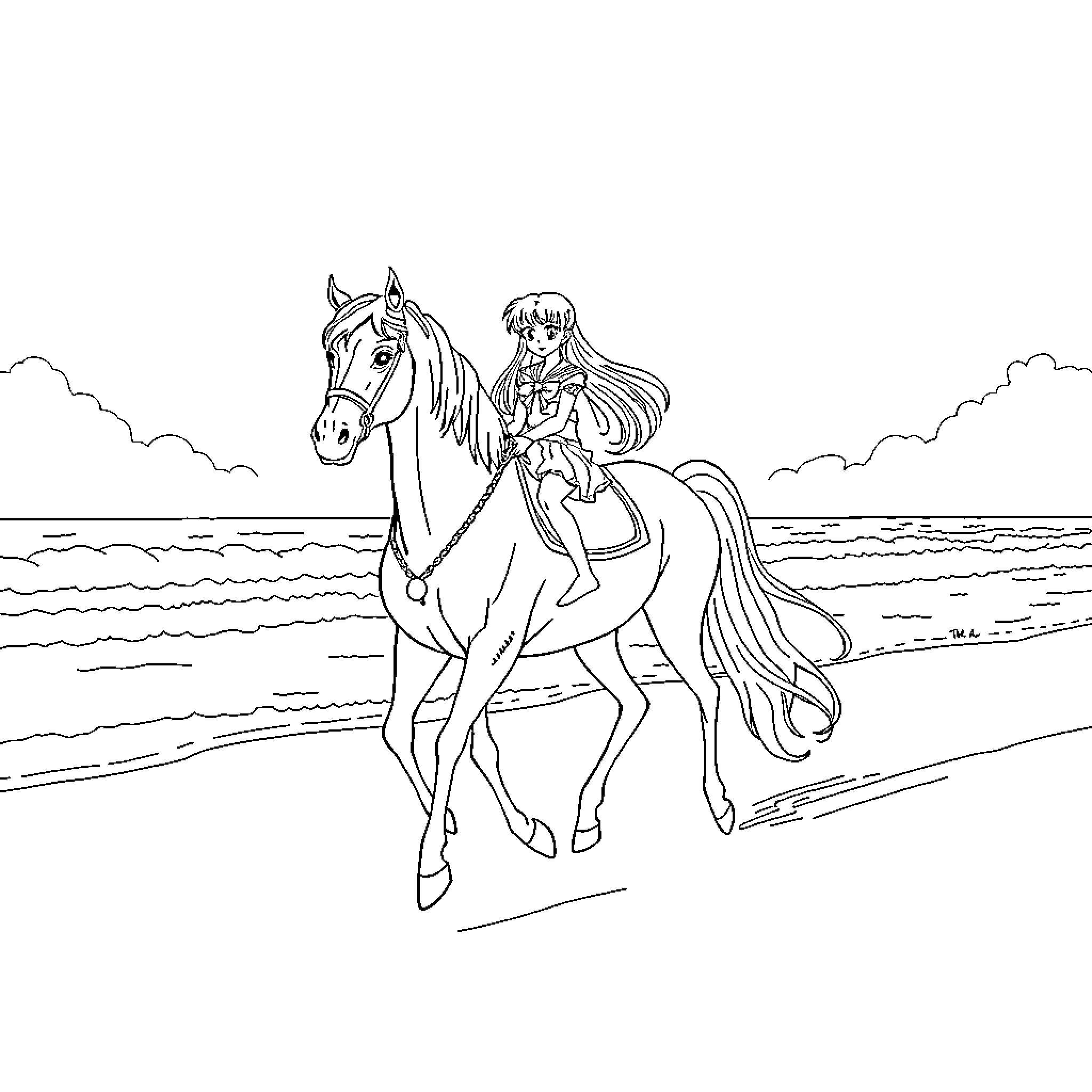 Sailor Moon riding a horse on the beach Coloring Page (free black-and-white line drawing printable PDF for all, from beginners to advanced learners, including children, teens, adults, and seniors)