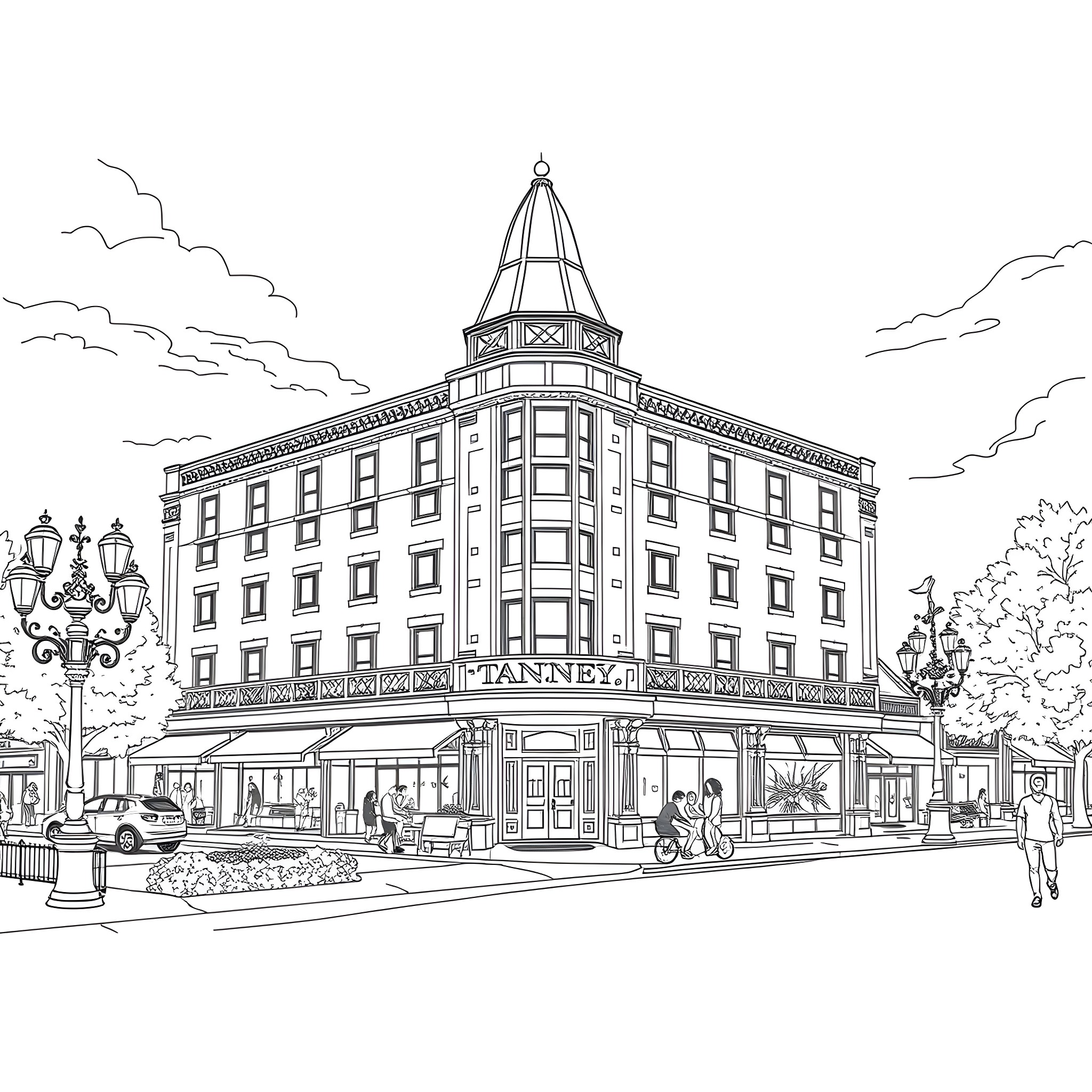 Hotel with Ornate Architecture and Pedestrians on Street Coloring Page (free black-and-white line drawing printable PDF for all, from beginners to advanced learners, including children, teens, adults, and seniors)