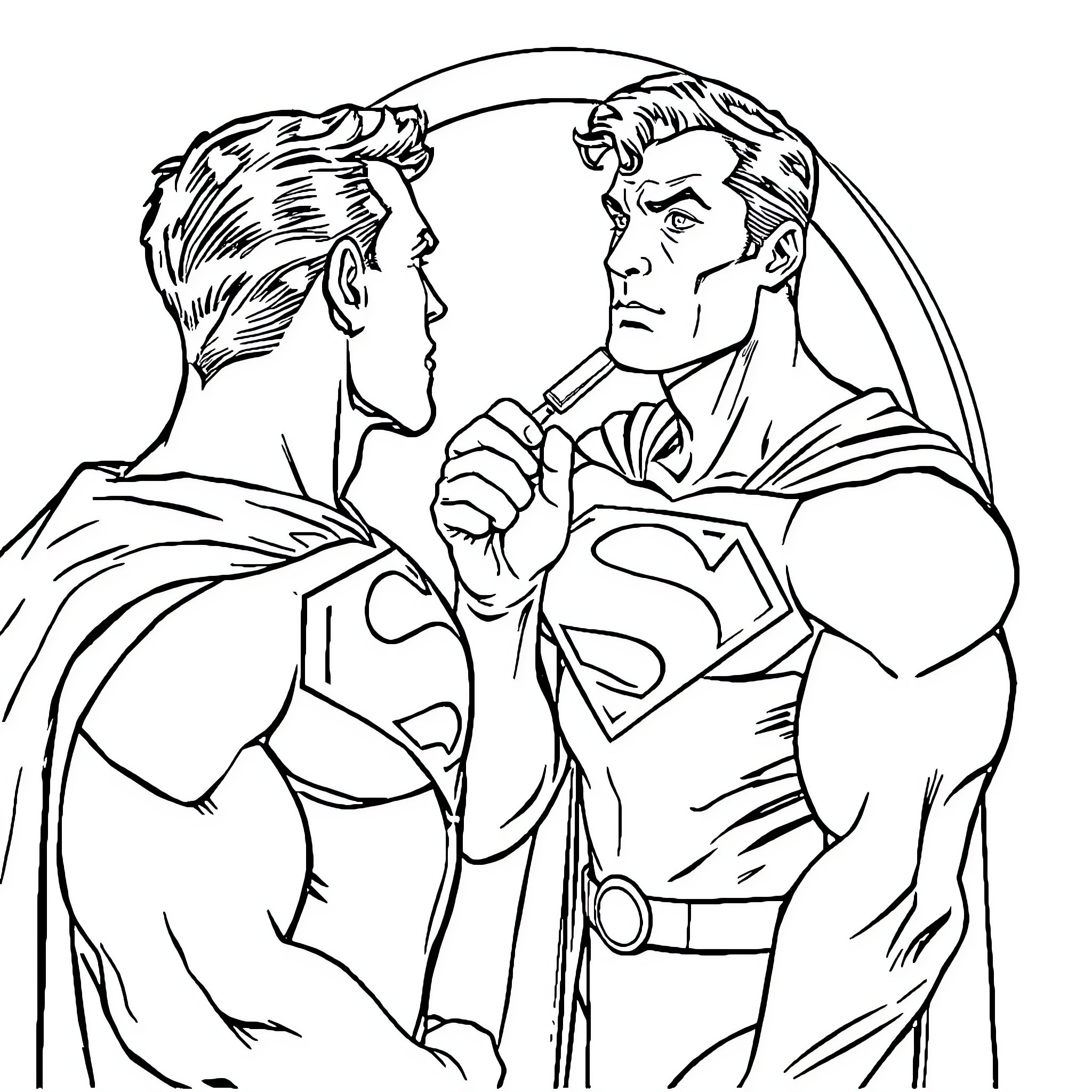 Superman and Rival Superheroes Confrontation Coloring Page (free black-and-white line drawing printable PDF for all, from beginners to advanced learners, including children, teens, adults, and seniors)