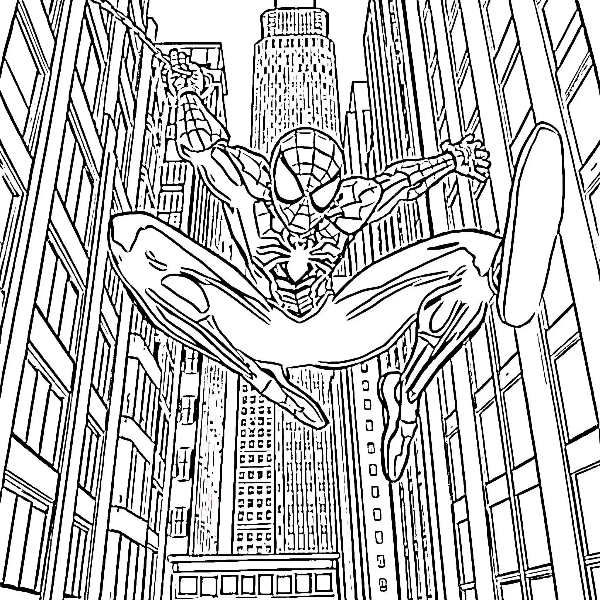 Spider-Man swinging through city skyscrapers Coloring Page (free black-and-white line drawing printable PDF for all, from beginners to advanced learners, including children, teens, adults, and seniors)