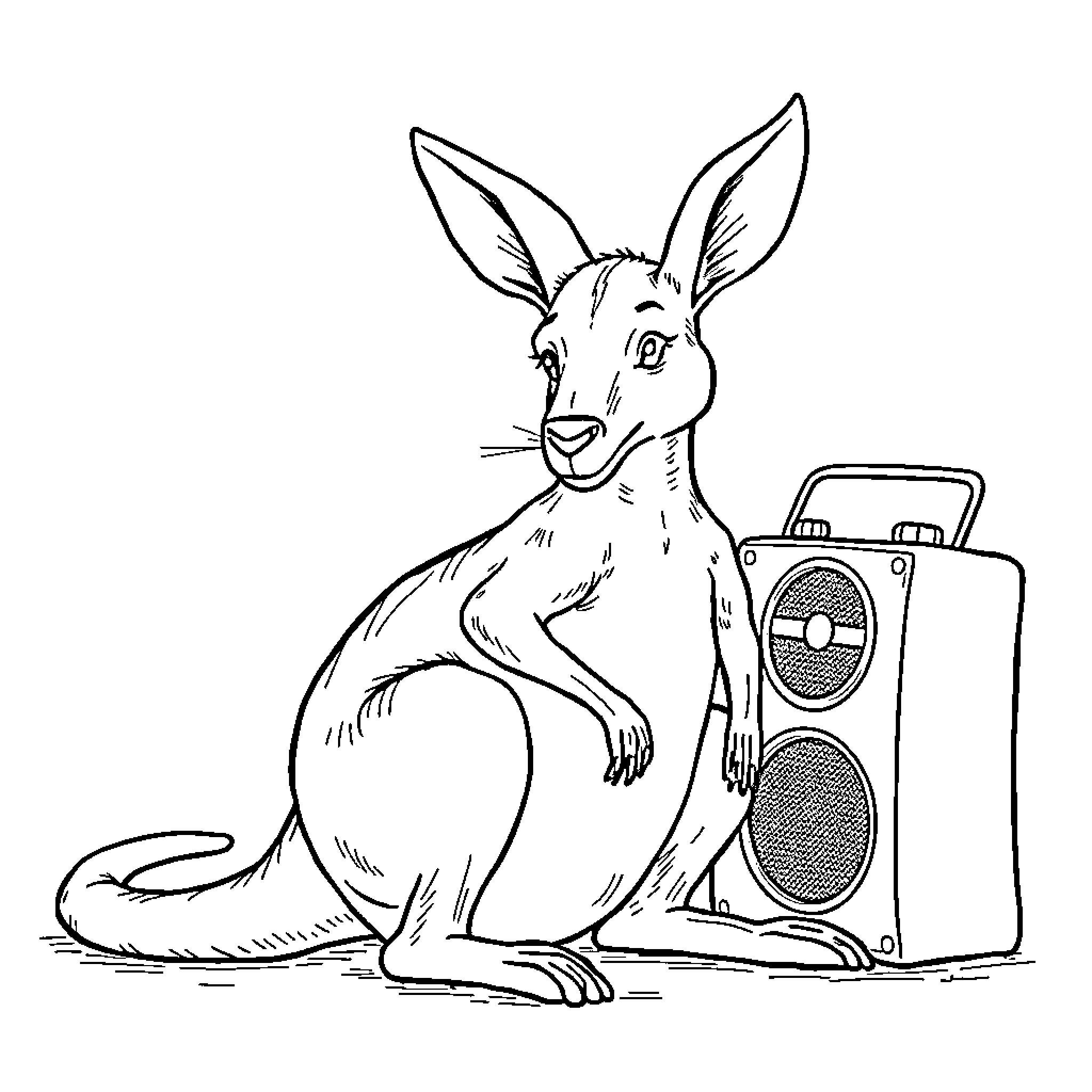 Kangaroo listens to music on a boombox Coloring Page (free black-and-white line drawing printable PDF for all, from beginners to advanced learners, including children, teens, adults, and seniors)