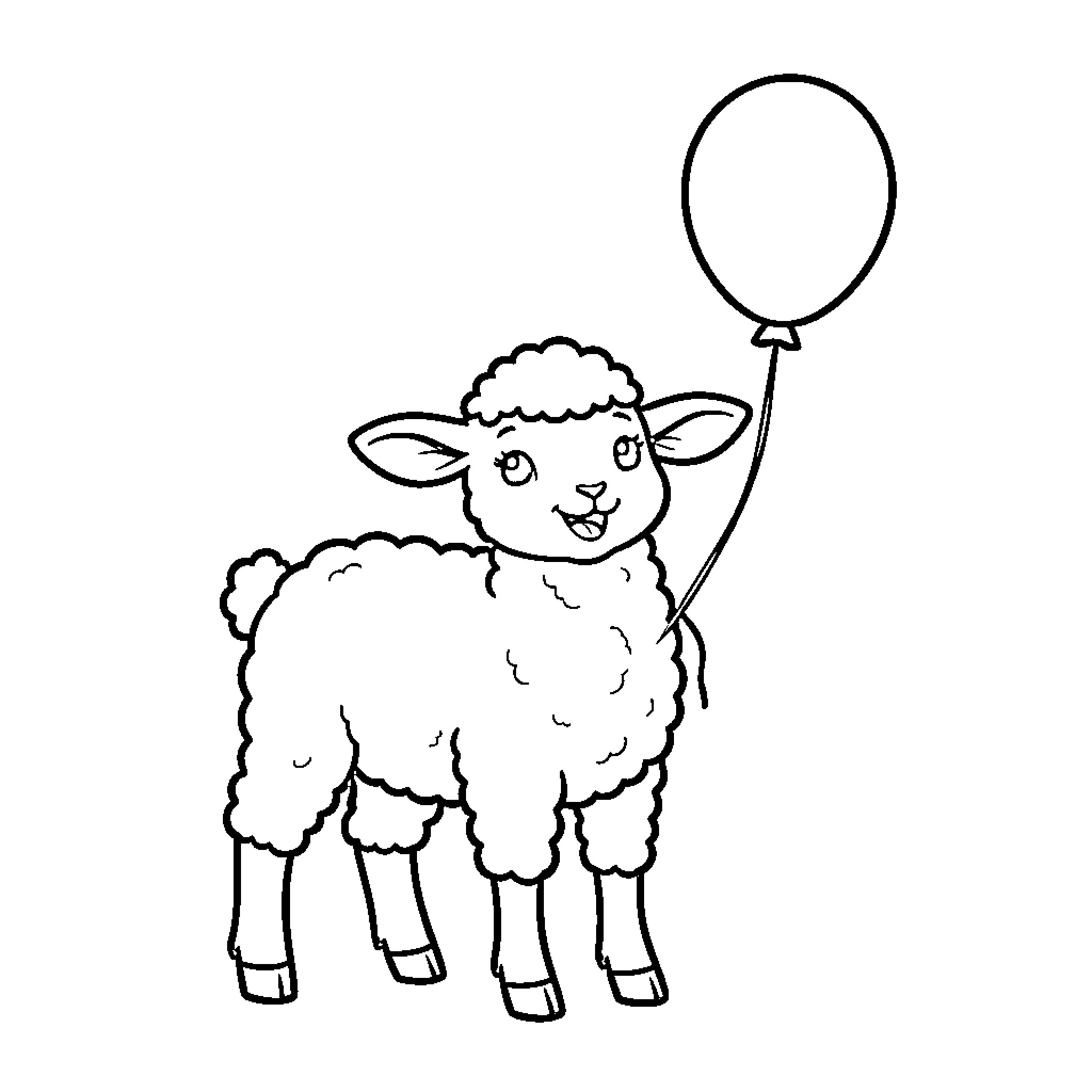 Lamb holding a balloon and smiling happily Coloring Page (free black-and-white line drawing printable PDF for all, from beginners to advanced learners, including children, teens, adults, and seniors)