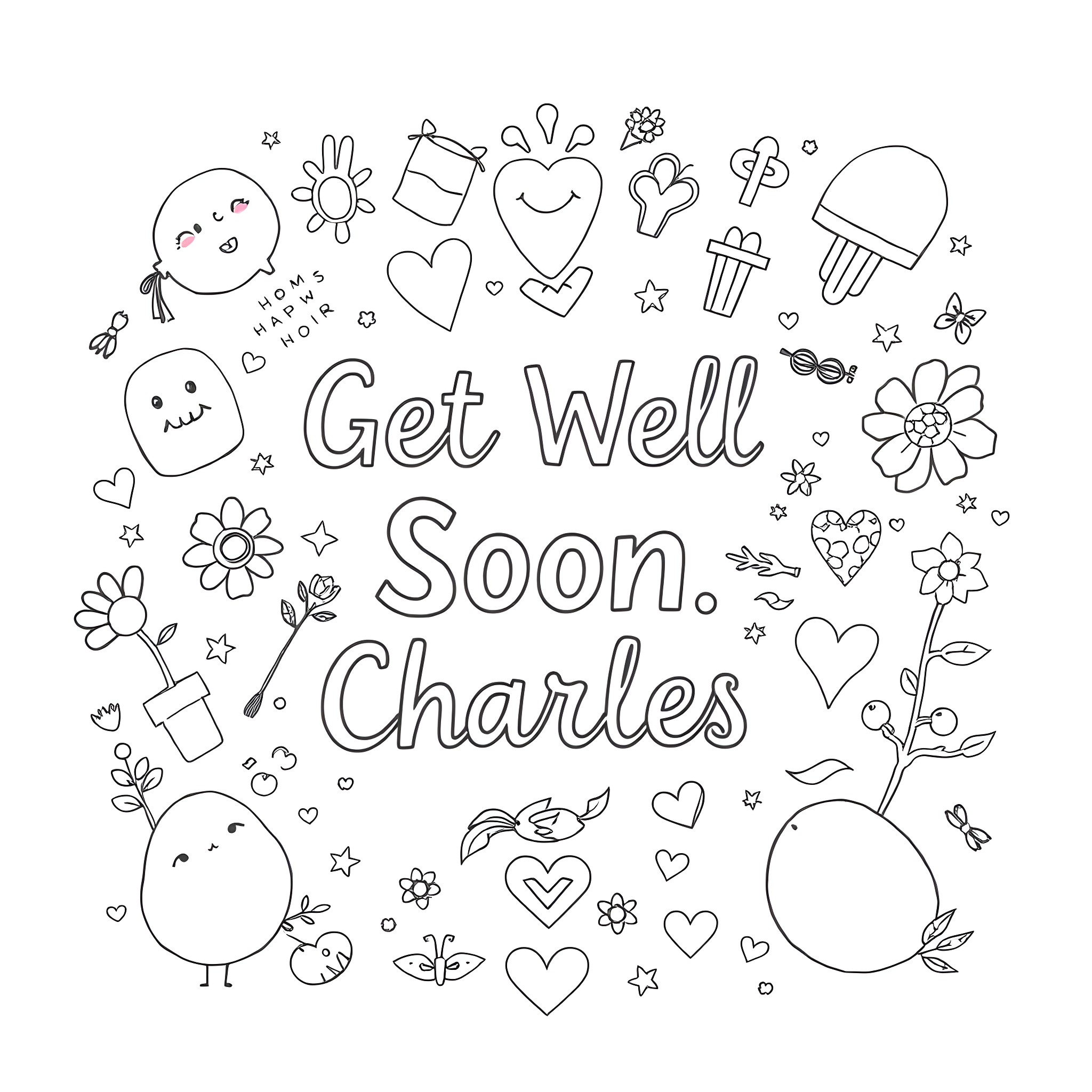 Get Well Soon with Colorful Doodles and Well Wishes Coloring Page (free black-and-white line drawing printable PDF for all, from beginners to advanced learners, including children, teens, adults, and seniors)