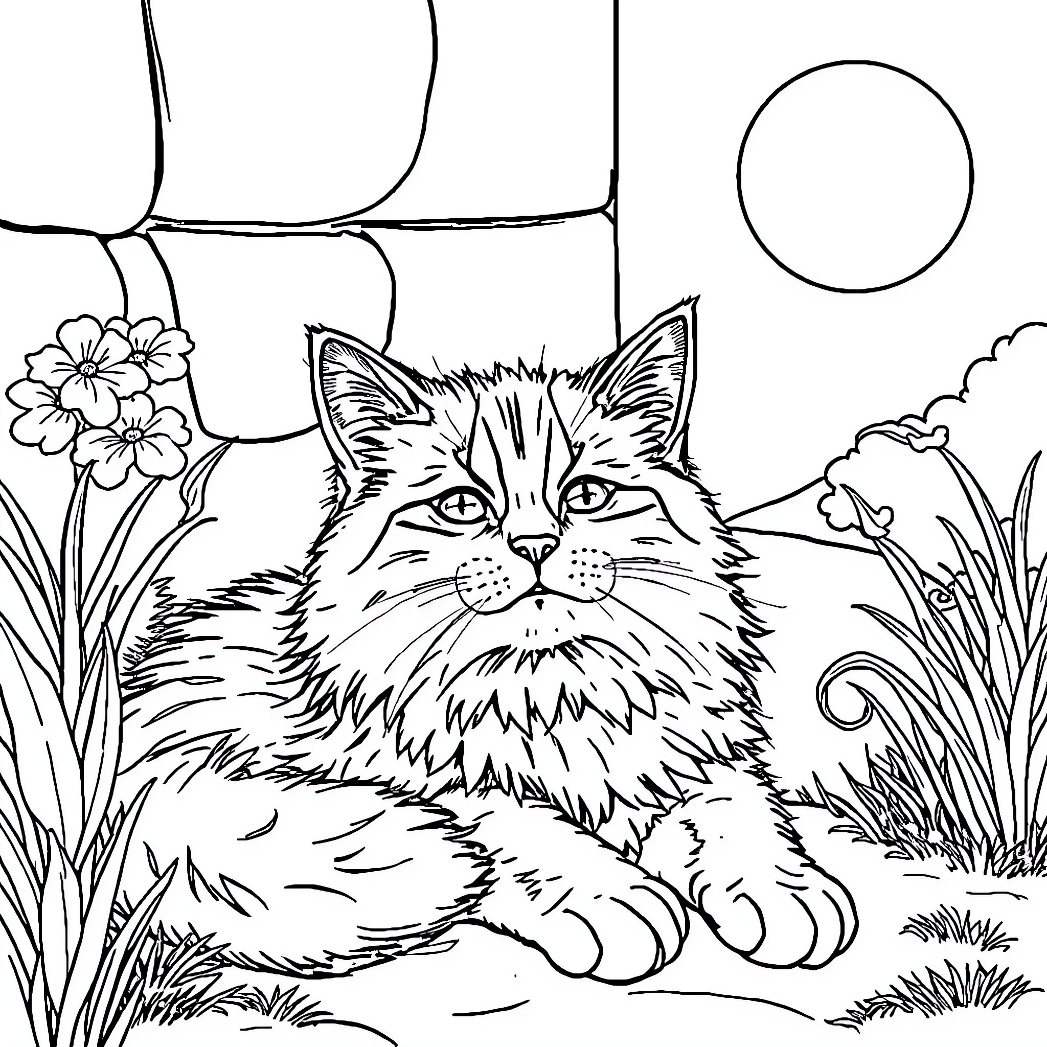 Cat enjoying nature's beauty in a serene setting Coloring Page (free black-and-white line drawing printable PDF for all, from beginners to advanced learners, including children, teens, adults, and seniors)