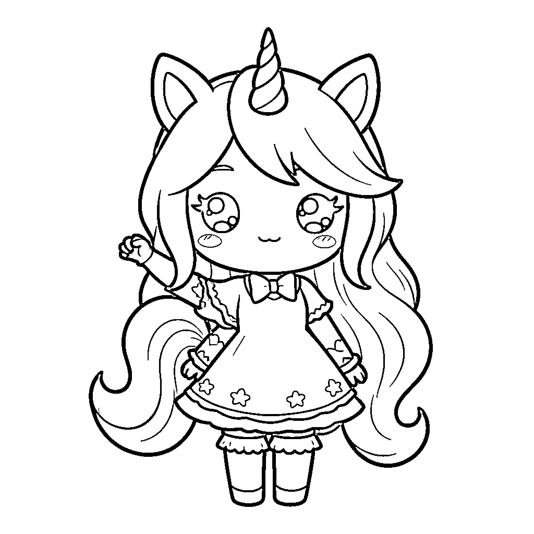 Unicorn character waving happily in a cute dress Coloring Page (free black-and-white line drawing printable PDF for all, from beginners to advanced learners, including children, teens, adults, and seniors)