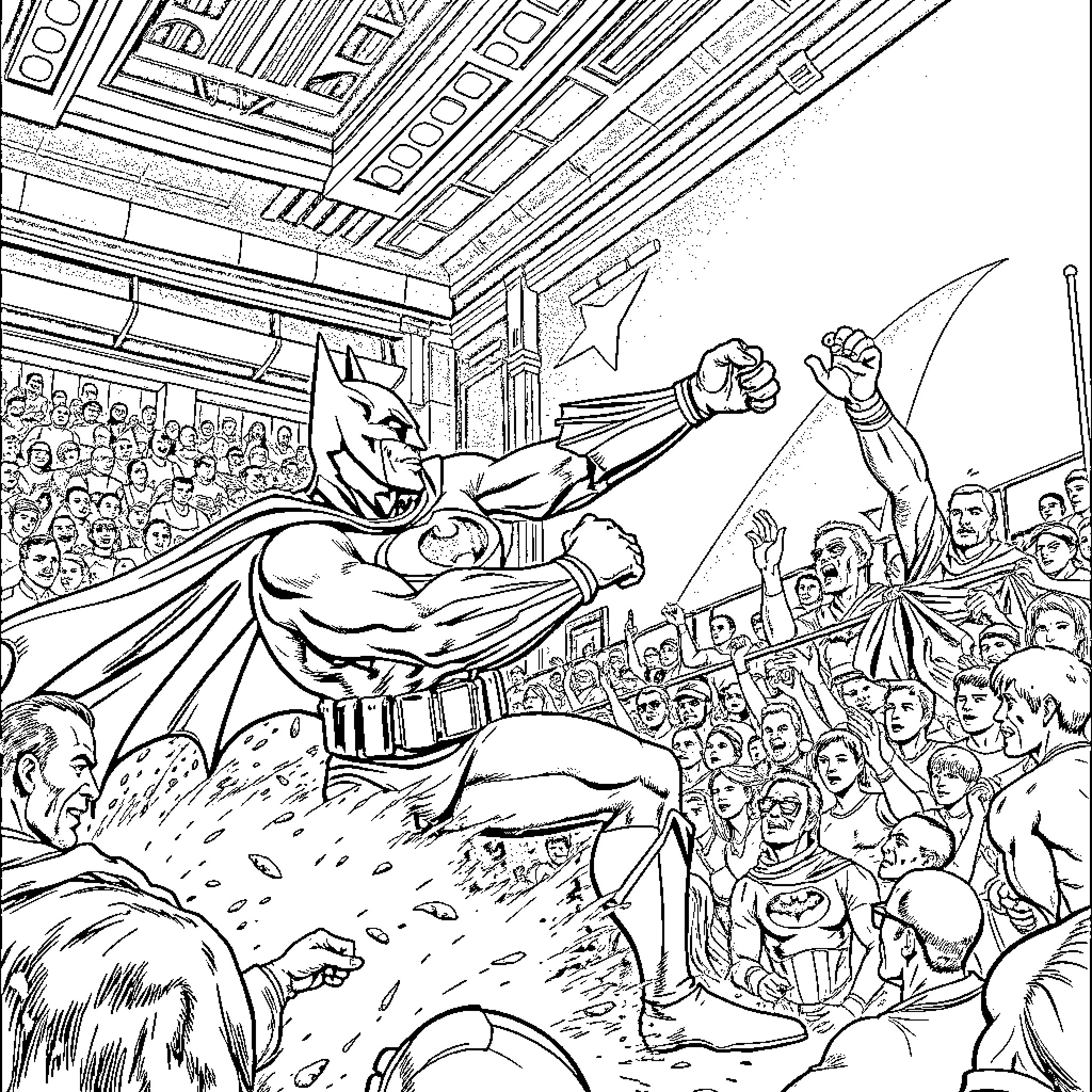 Batman Heroically Leaps into Action Amidst Cheering Crowd Coloring Page (free black-and-white line drawing printable PDF for all, from beginners to advanced learners, including children, teens, adults, and seniors)