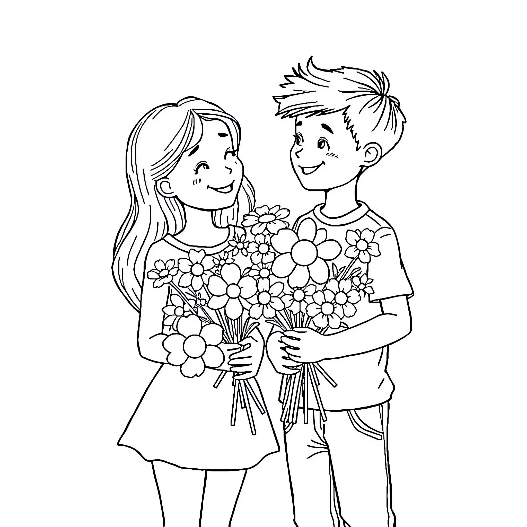 Girl and Boy with Bouquets of Flowers Coloring Page (free black-and-white line drawing printable PDF for all, from beginners to advanced learners, including children, teens, adults, and seniors)