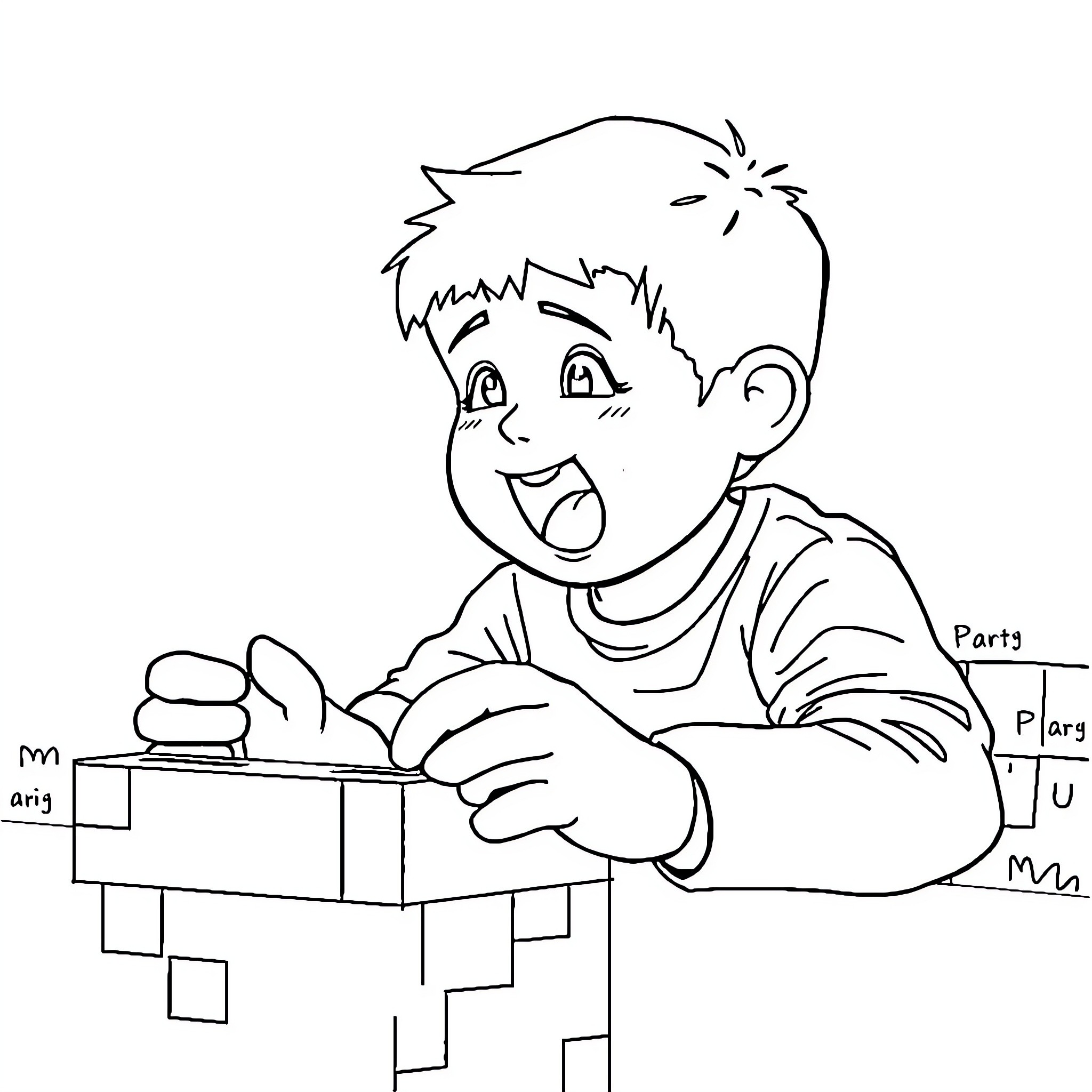 Minecraft character enthusiastically constructing Coloring Page (free black-and-white line drawing printable PDF for all, from beginners to advanced learners, including children, teens, adults, and seniors)