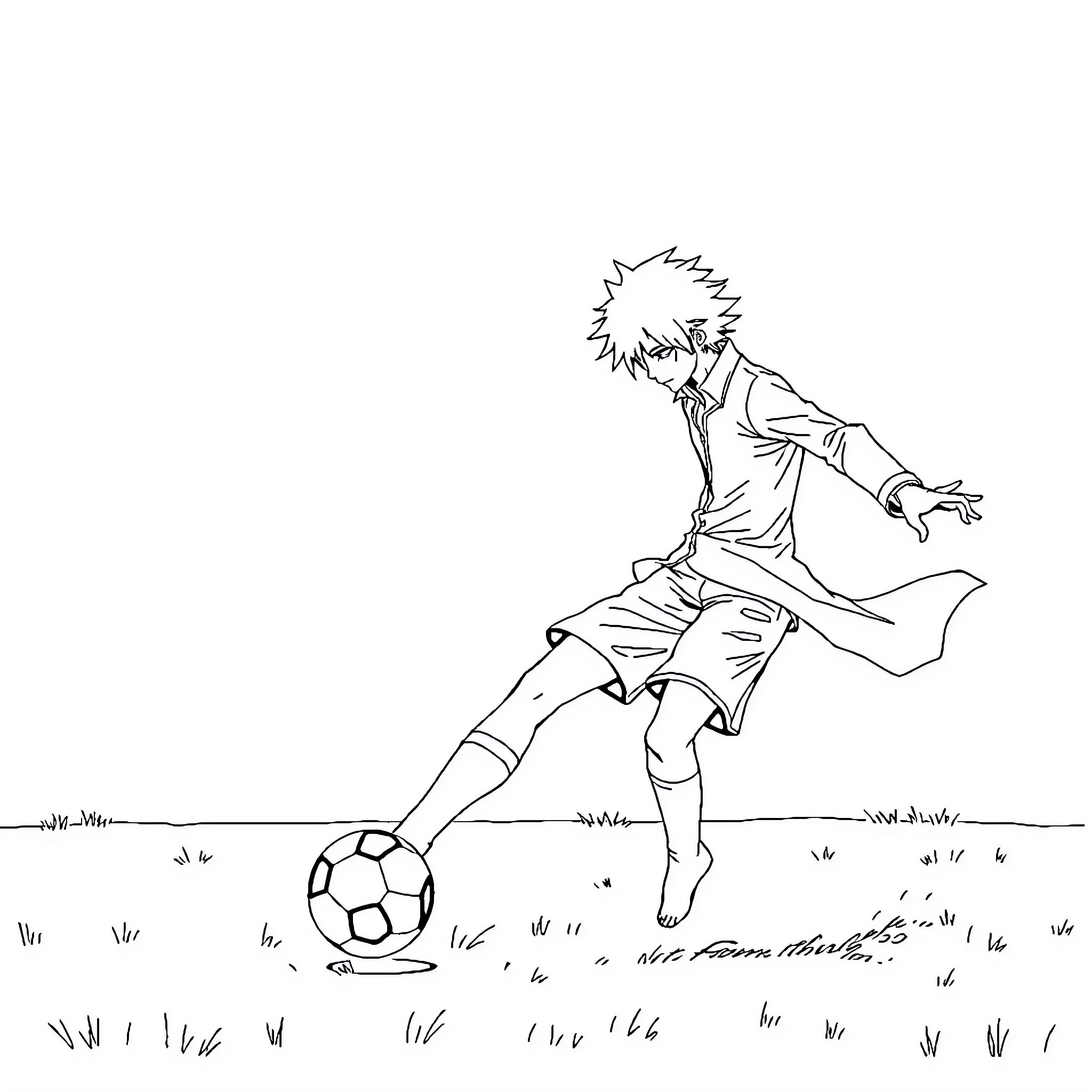 Ichigo playing soccer joyfully in the field Coloring Page (free black-and-white line drawing printable PDF for all, from beginners to advanced learners, including children, teens, adults, and seniors)