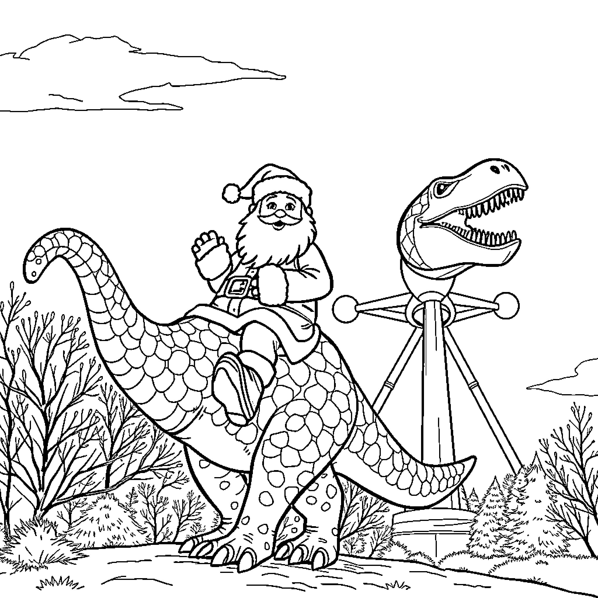 Santa Claus riding a prehistoric creature Coloring Page (free black-and-white line drawing printable PDF for all, from beginners to advanced learners, including children, teens, adults, and seniors)