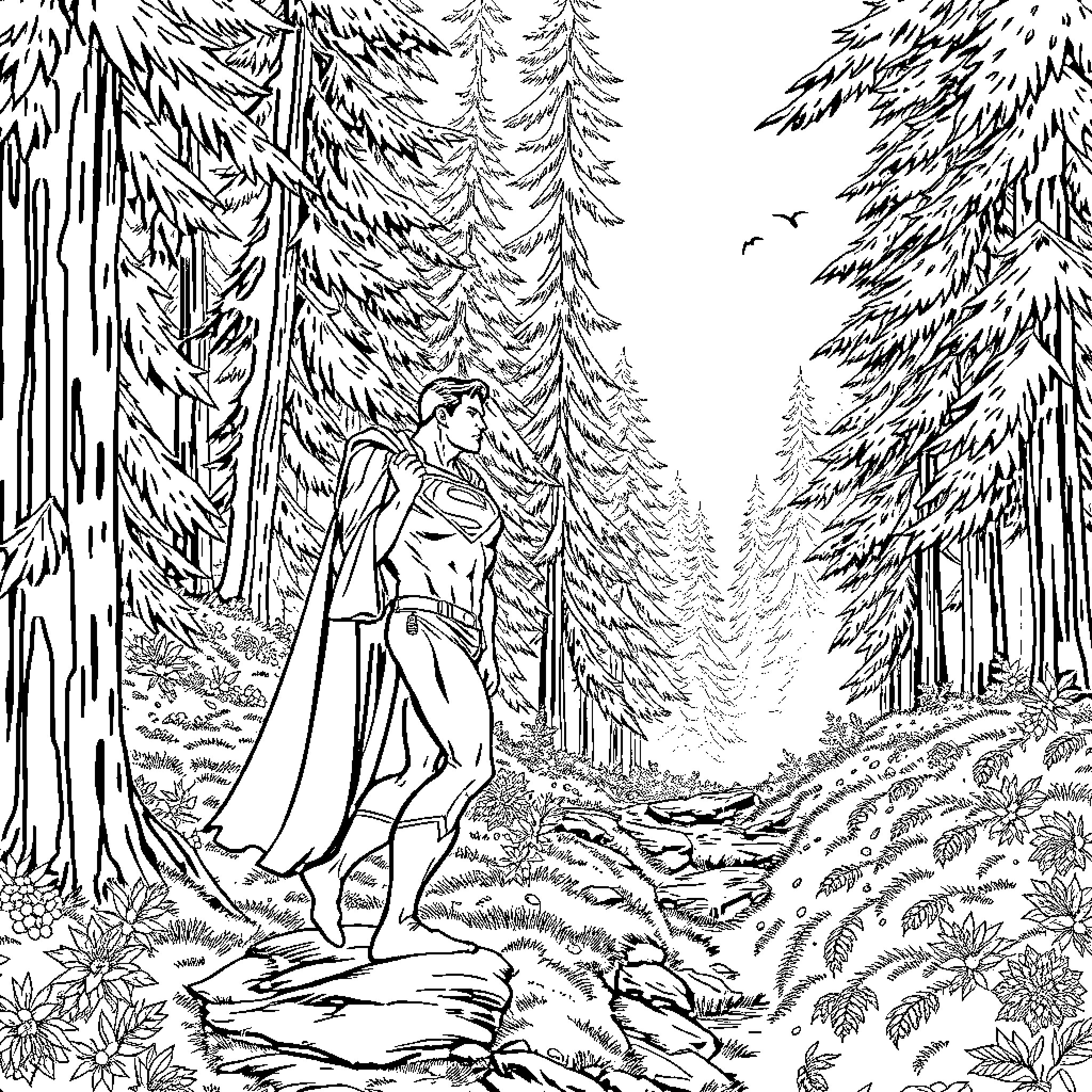 Superman in the Enchanted Forest Coloring Page (free black-and-white line drawing printable PDF for all, from beginners to advanced learners, including children, teens, adults, and seniors)