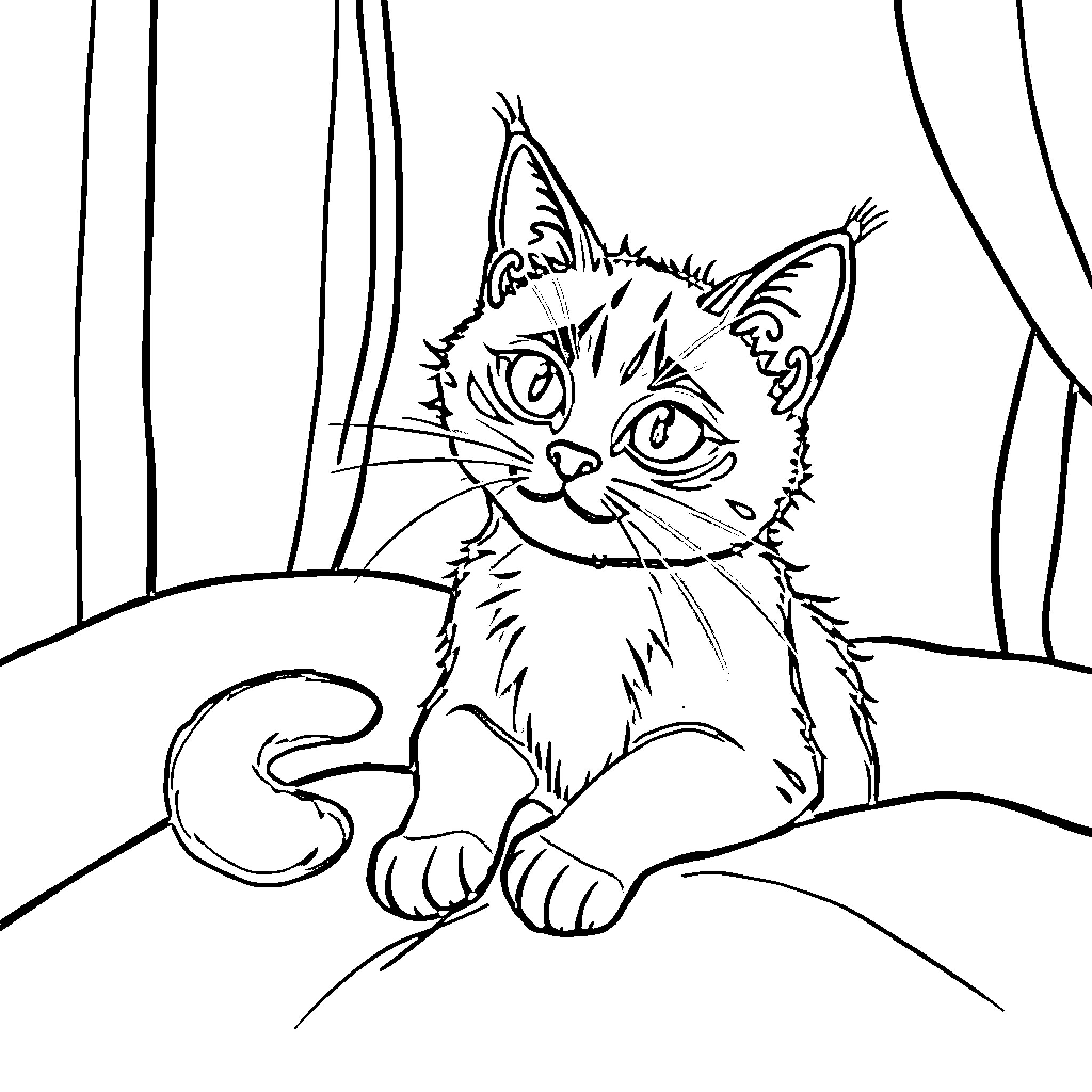Chat with a curious feline Coloring Page (free black-and-white line drawing printable PDF for all, from beginners to advanced learners, including children, teens, adults, and seniors)
