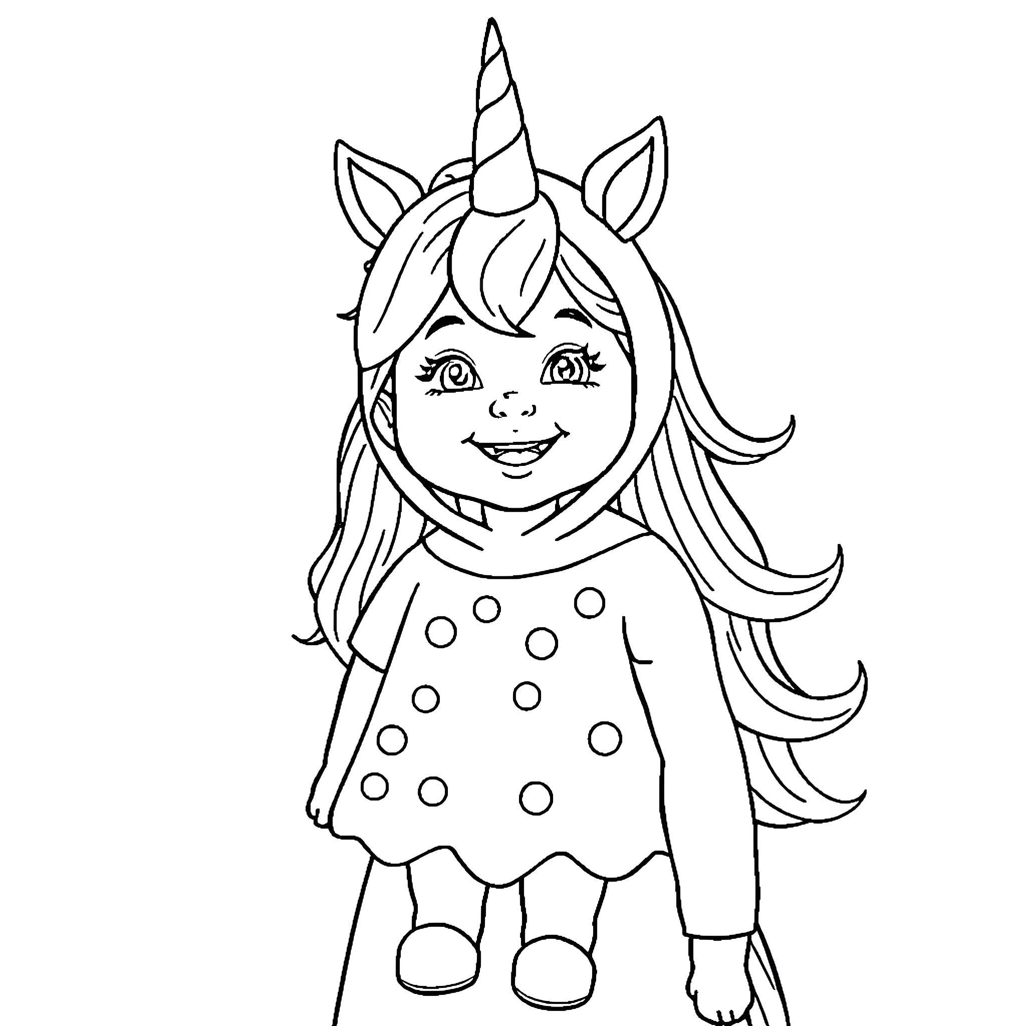 Girl in unicorn costume smiling happily Coloring Page (free black-and-white line drawing printable PDF for all, from beginners to advanced learners, including children, teens, adults, and seniors)